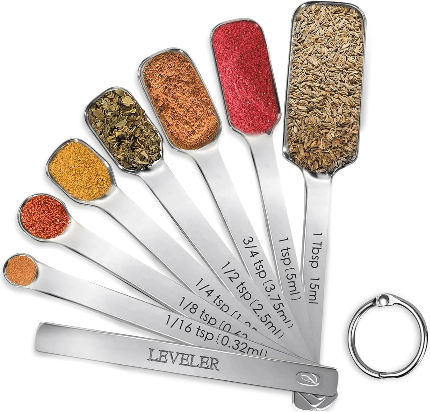 Stainless Steel Measuring Spoons Set of 8, Rectangular Metal Measuring Spoons with Leveler, Compact