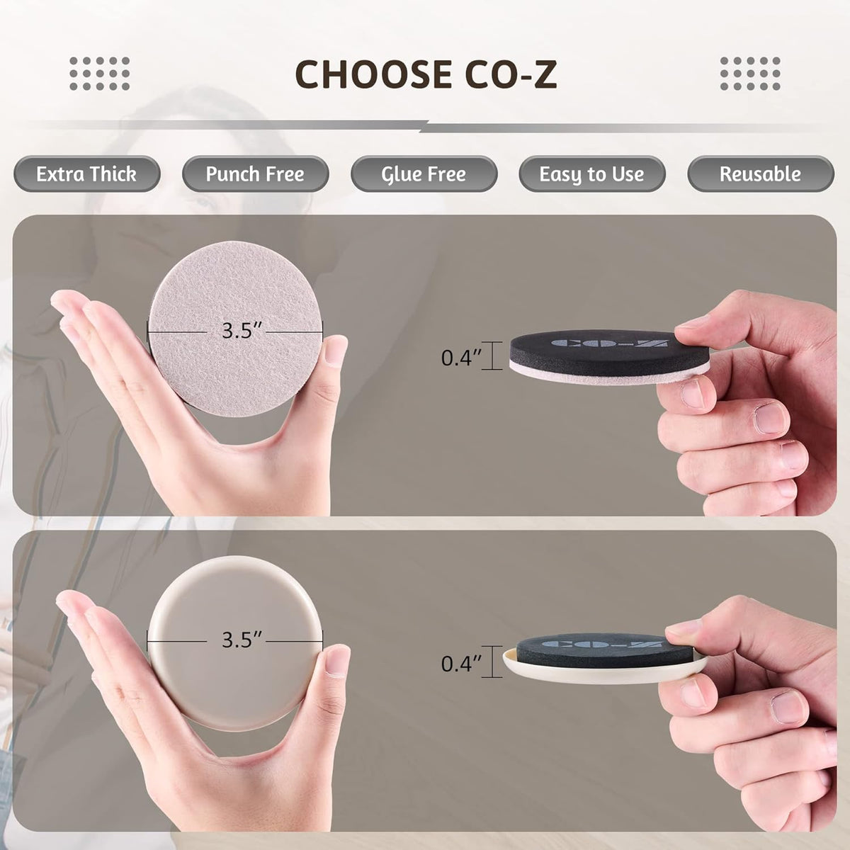 CO-Z Felt Furniture Sliders - 8 Pack with 4 Plastic & 4 Felt Sliders, 3 1/2" Reusable Furniture