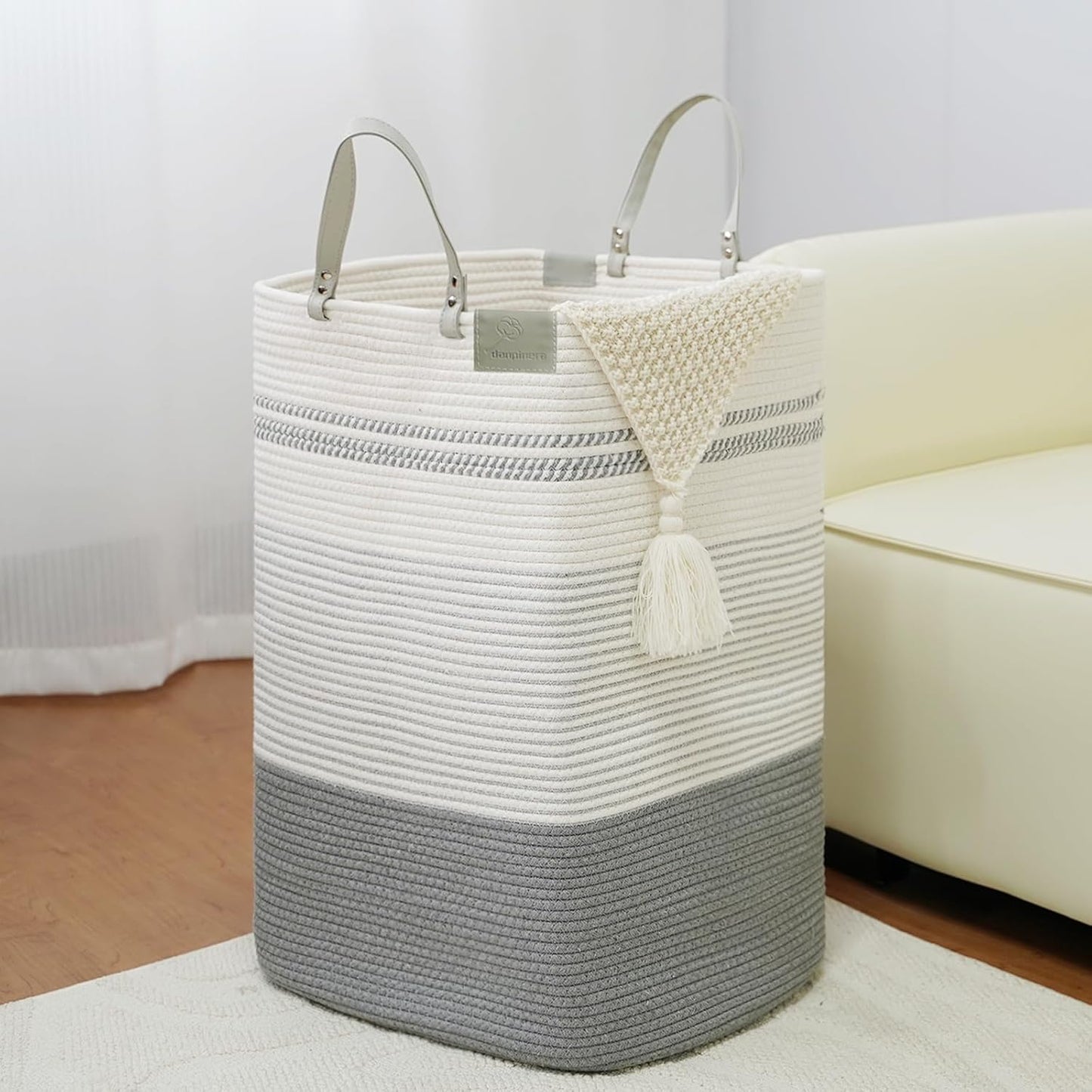 danpinera 75L Woven Laundry Hamper with Long Leather Handles, Baby Laundry Basket for Nursery, Tall