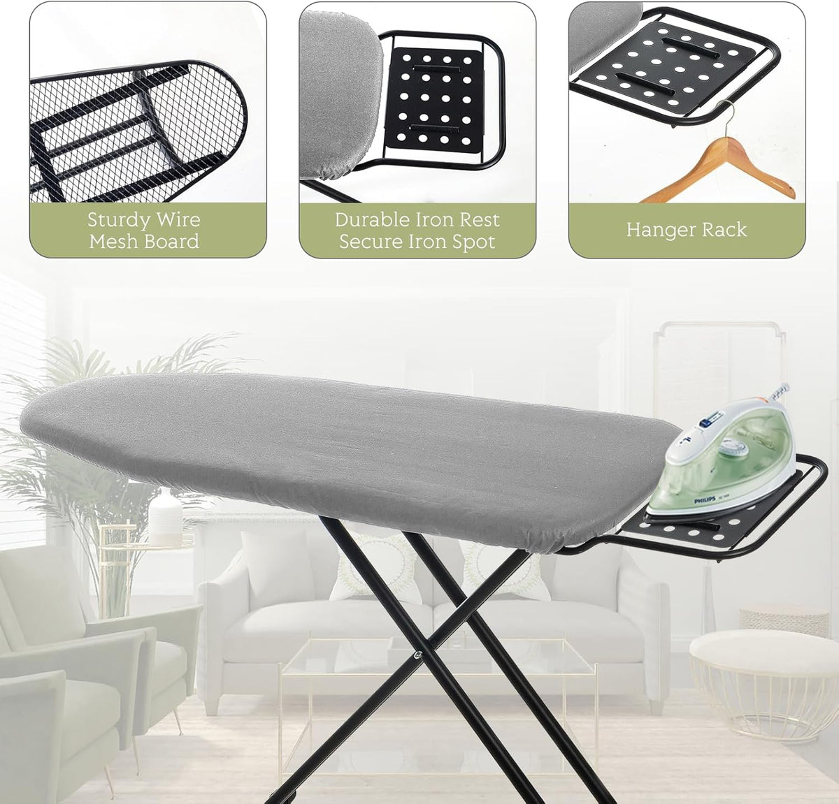 Ironing Board Full Size, RAINHOL 43"x13" Heavy Duty Compact Ironing Board with Iron Rest, Height