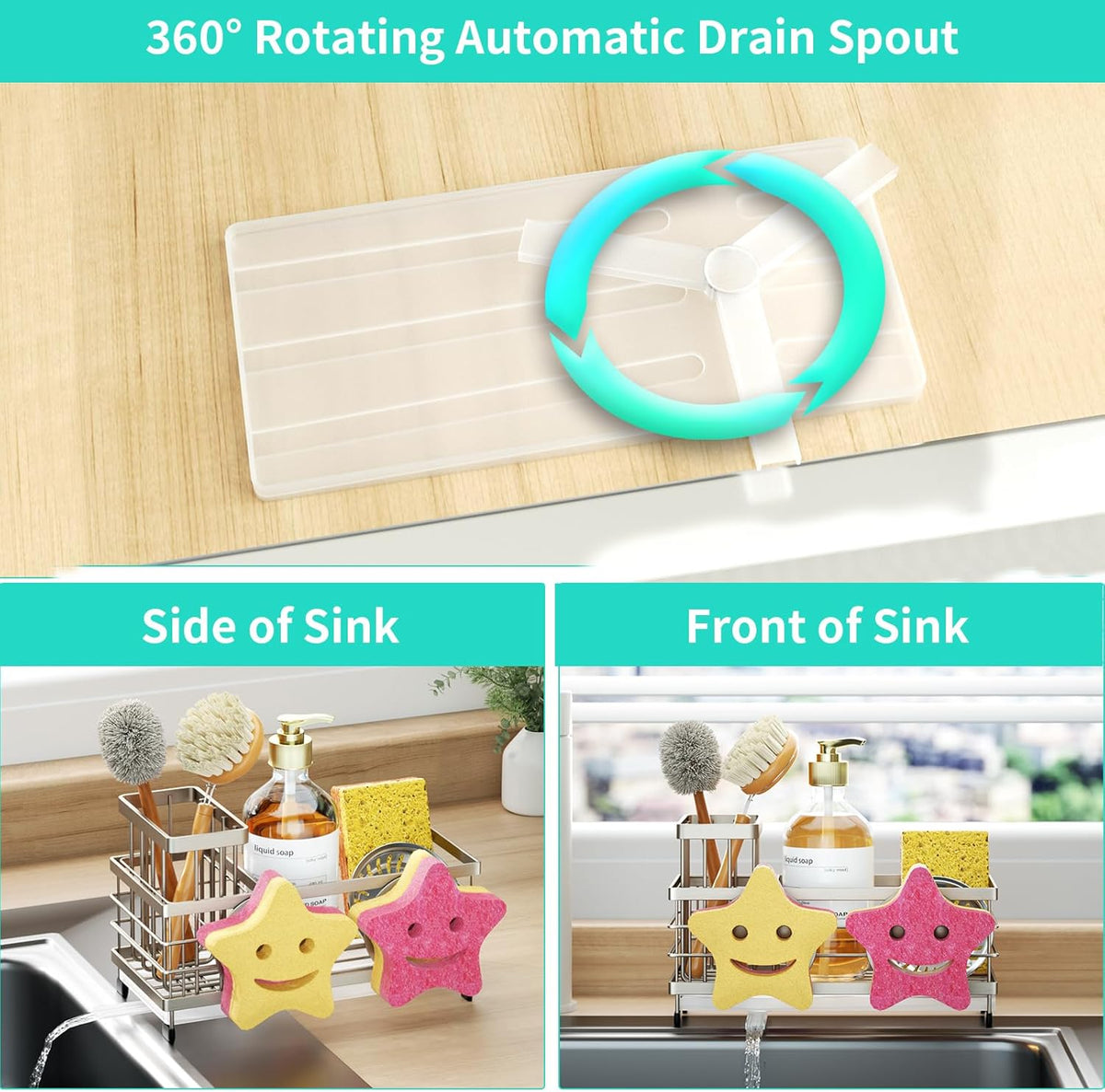 HapiRm Sink Caddy Sponge Holder - Self-draining Kitchen Sink Organizer with Smiley Face and Brush