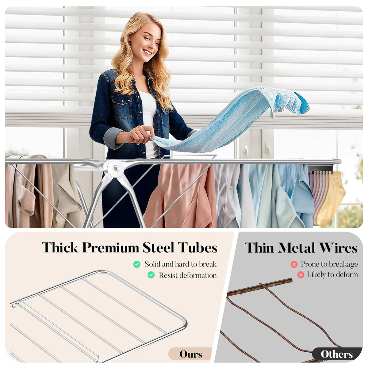 APEXCHASER Clothes Drying Rack with 4 Wings, Stainless Steel Drying Rack Clothing with Sock Clips