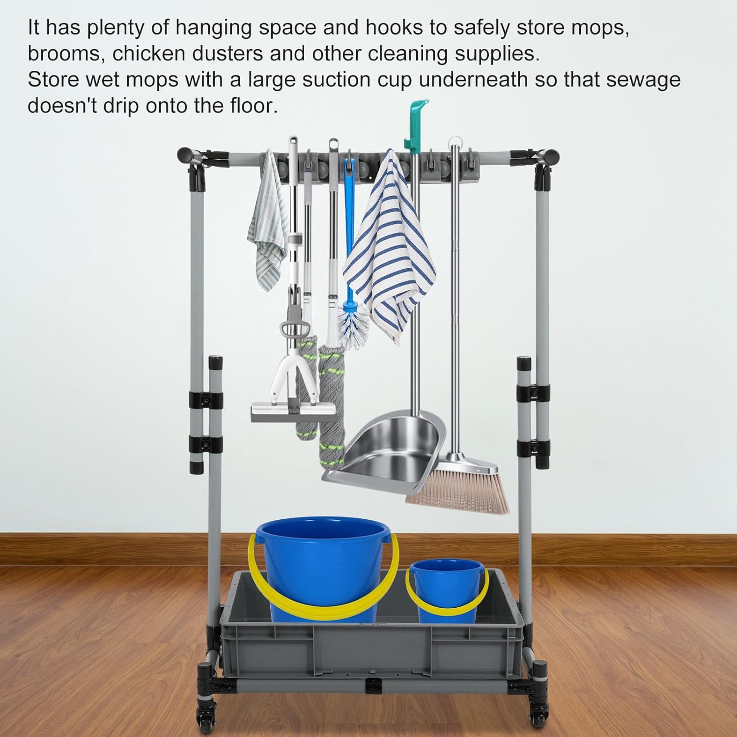 Rolling Cleaning Cart with Mop & Broom Organizer,Movable Floor-Mounted Mop Rack Floor Standing