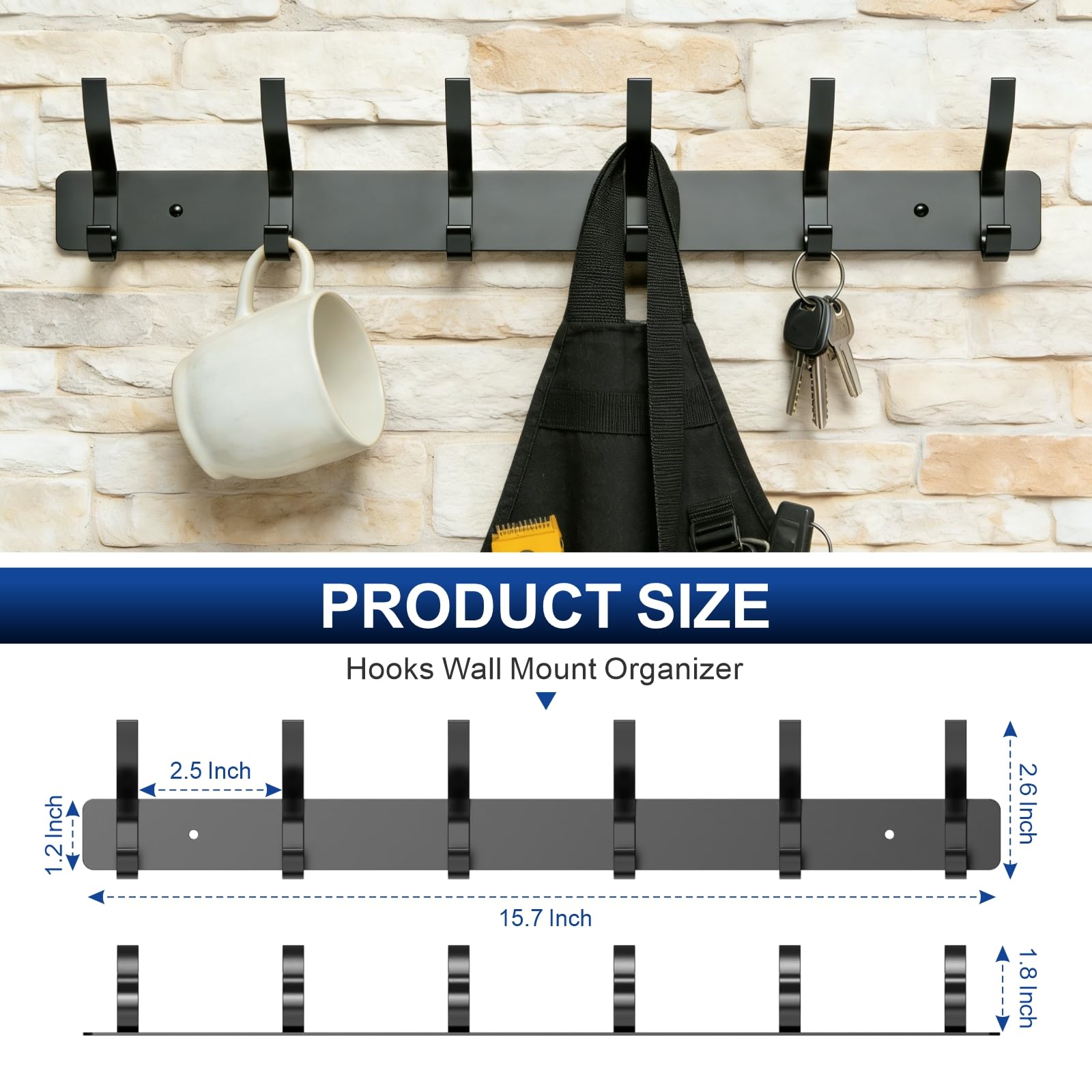ZBDPOVT Wall Mounted Coat Rack, 6 Hooks for Hanging Clothes, Black, 2-Pack
