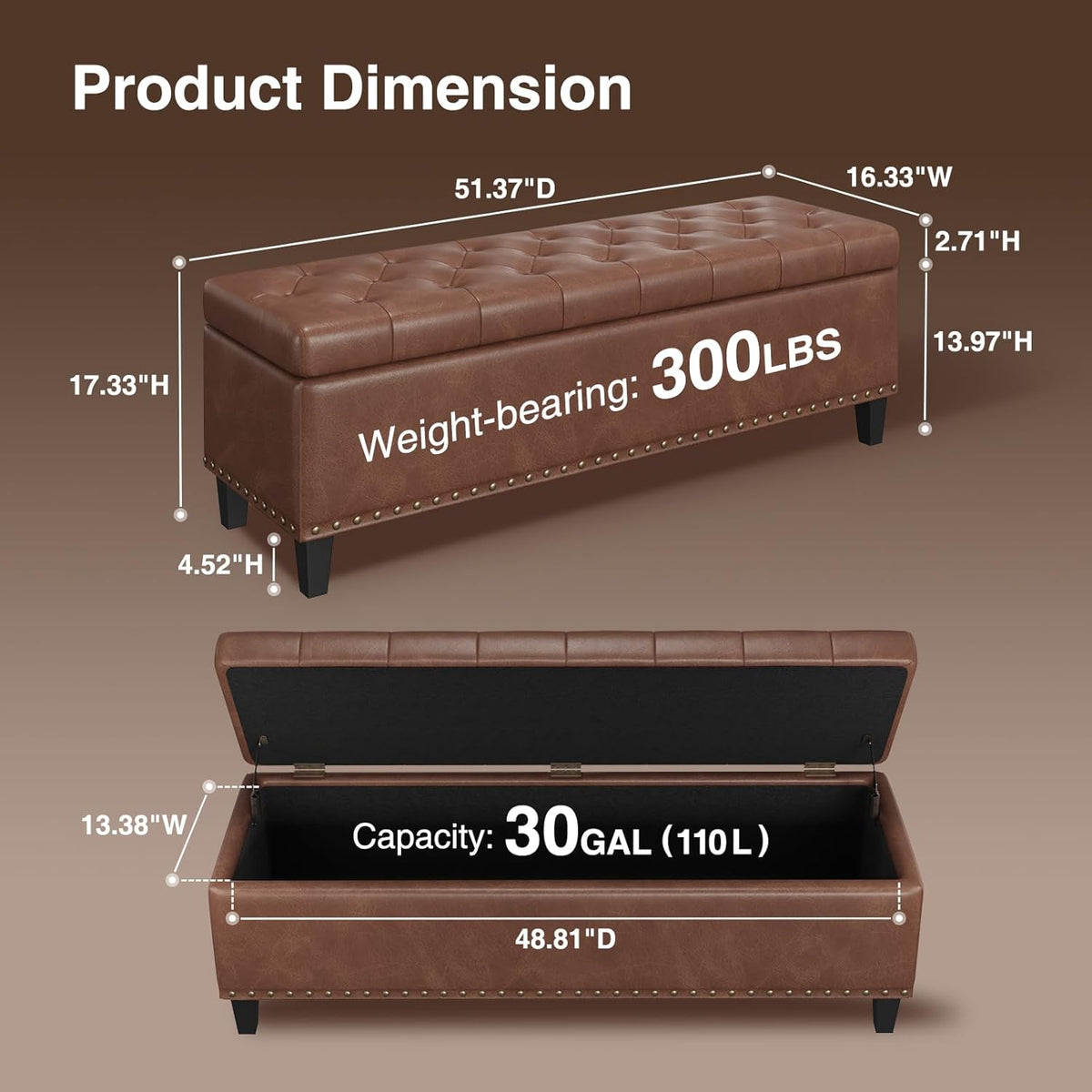 Storage Ottoman Bench, 51-Inch Large Storage Bench for Bedroom End of Bed, 30 Gallons Faux Leather
