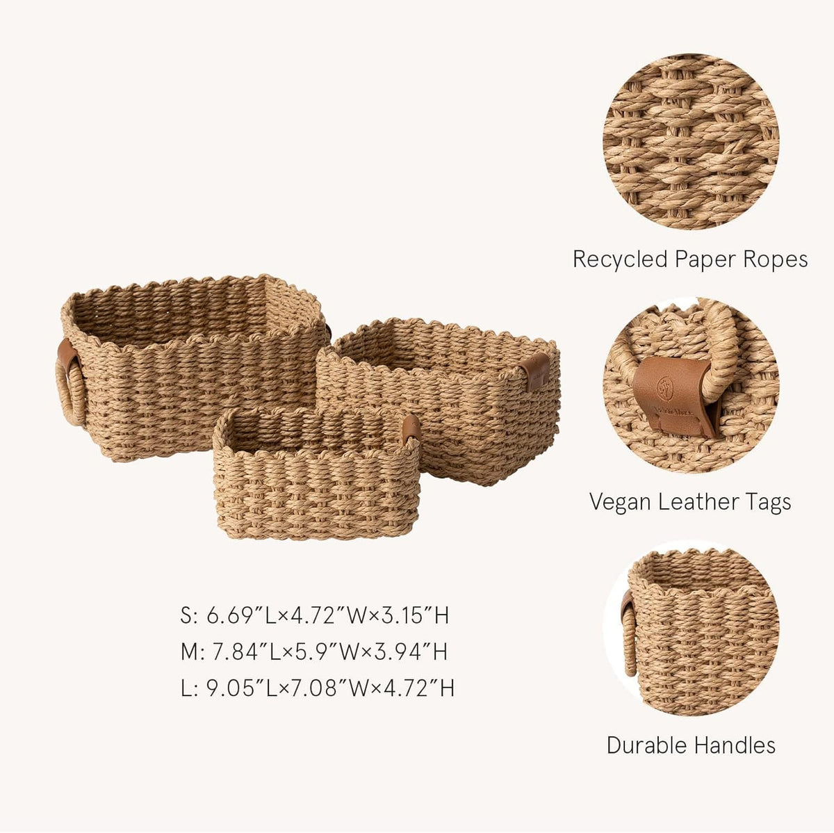 LA JOLIE MUSE Small Wicker Baskets for Organizing, Recycled Paper Rope Storage Basket Container