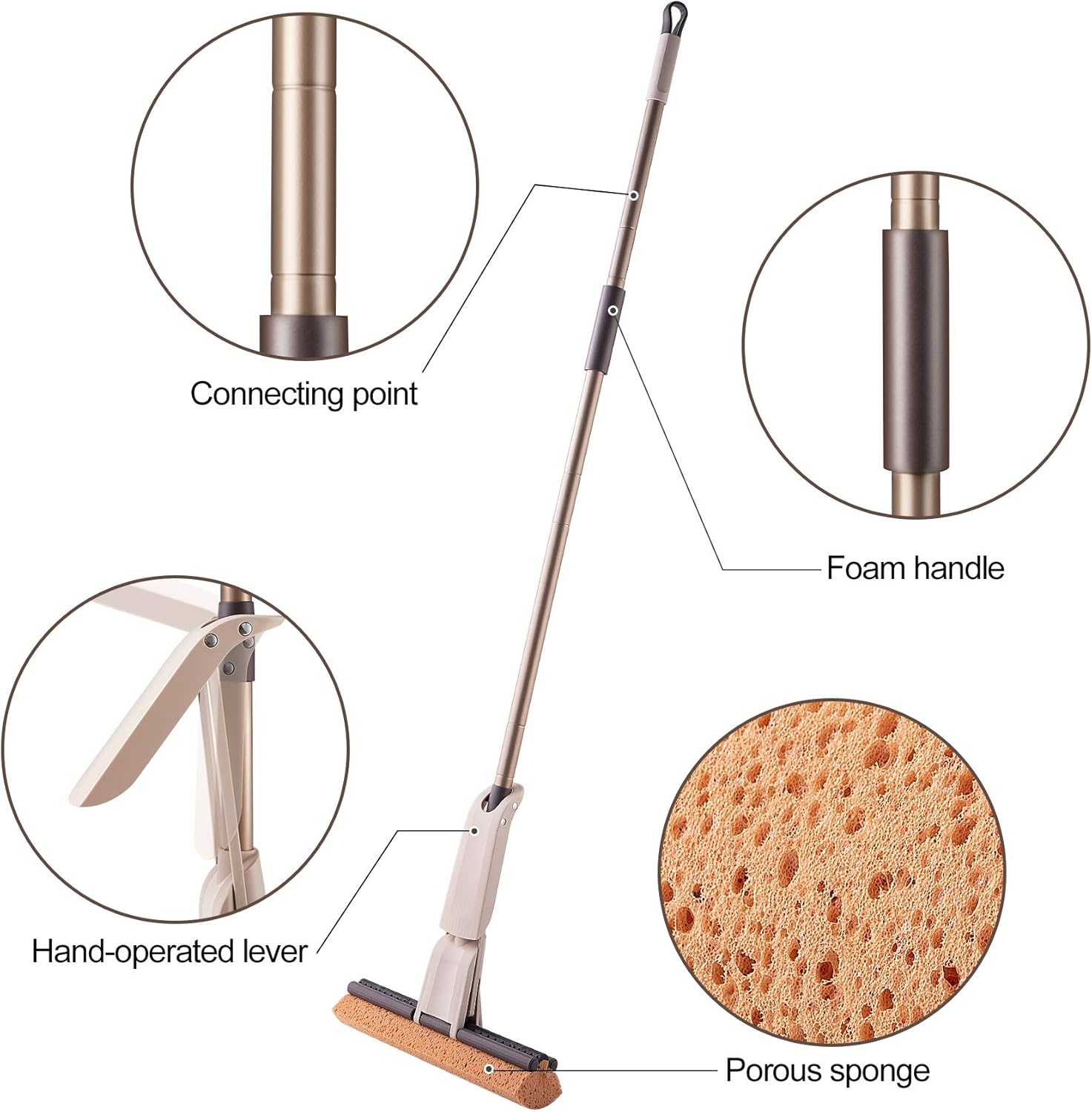 Eyliden Sponge Mop with 1 Extra Reusable Absorbent Sponge Refills, Easy Squeeze, Self Wringing Mops