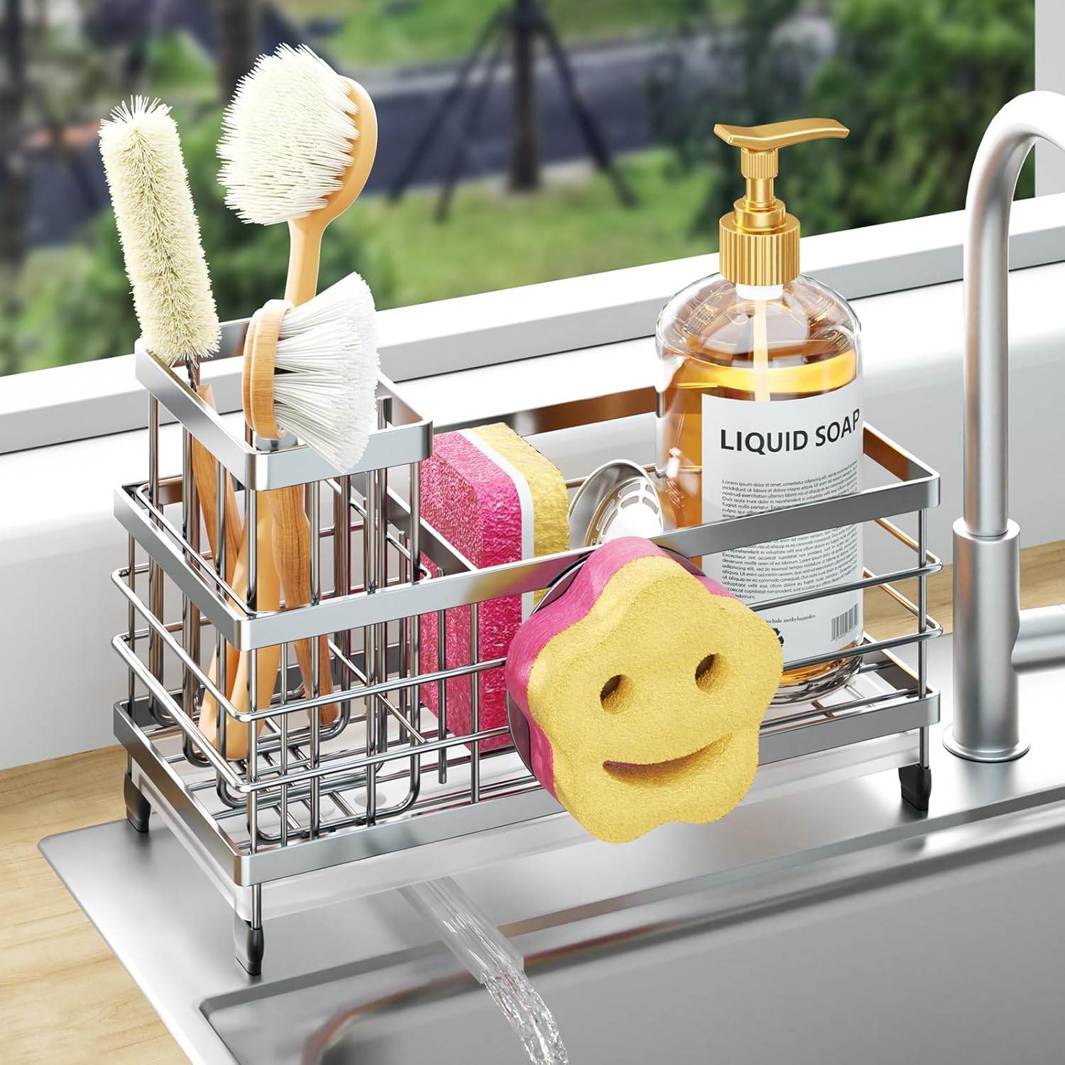 HapiRm Sponge Holder for Kitchen Sink - Self-draining Sink Caddy with Smiley Face and Brush Holder