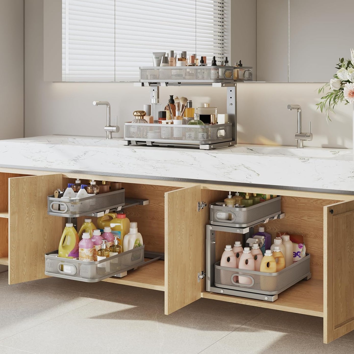 2 Pack 21.3IN-Depth Under Sink Organizer with Smooth Cylindrical Rail,2-Tier Pull Out Multi-Purpose