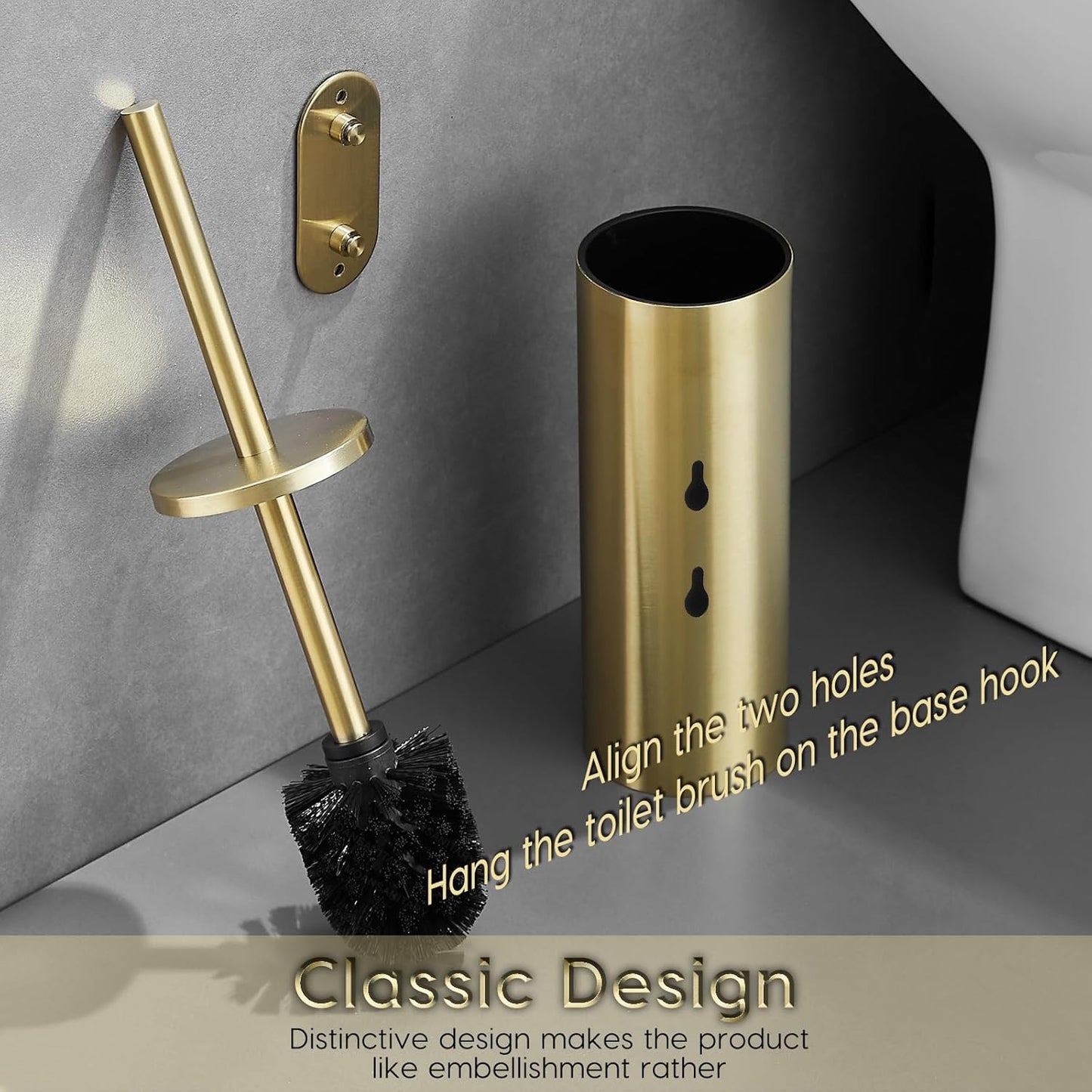 Gold Brushed Stainless Steel Toilet Brush and Cover, No-Punch Hook Base Dual Purpose Toilet Brush