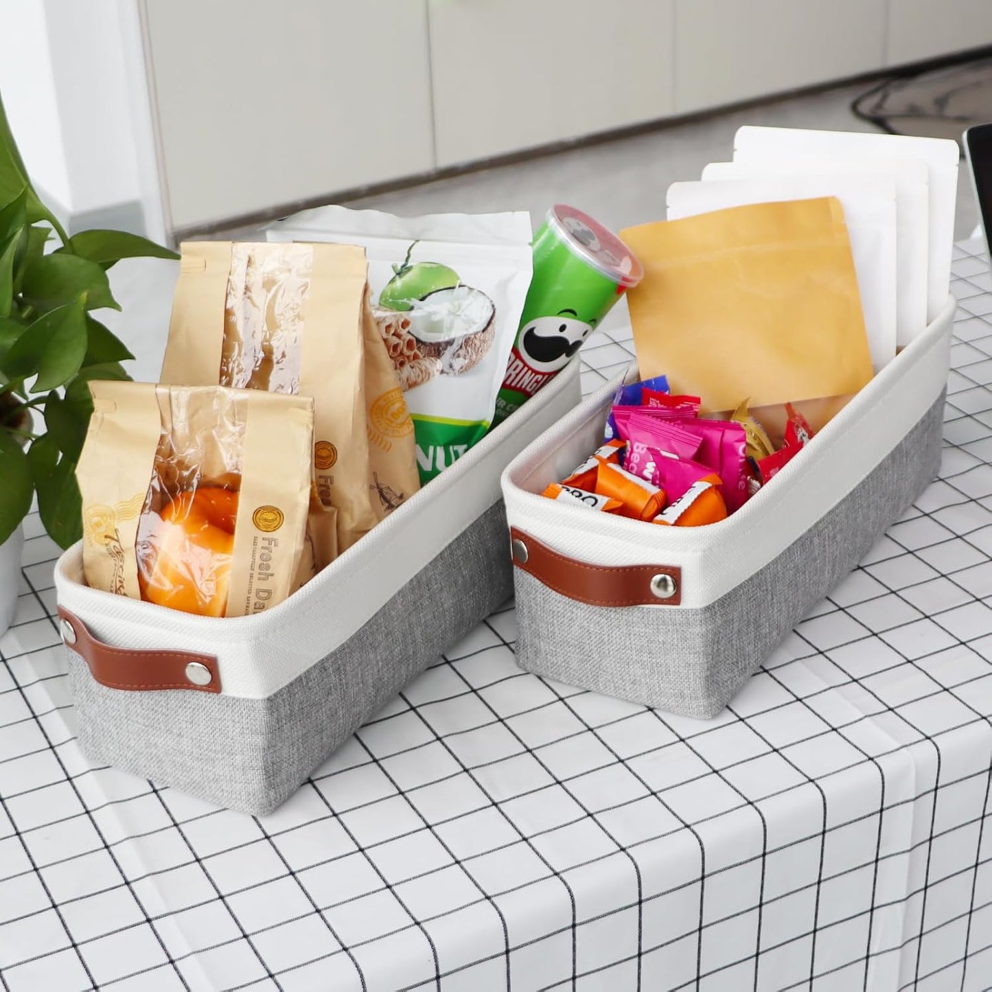 Univivi 4PC Small Fabric Storage Bins,15x6x5 inch Long Narrow Storage Baskets with PU Handles for