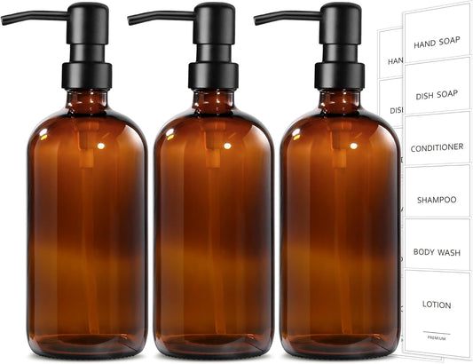 GMISUN Shampoo and Conditioner Dispenser, 3 Pack Amber Glass Bathroom Shampoo Conditioner Body Wash