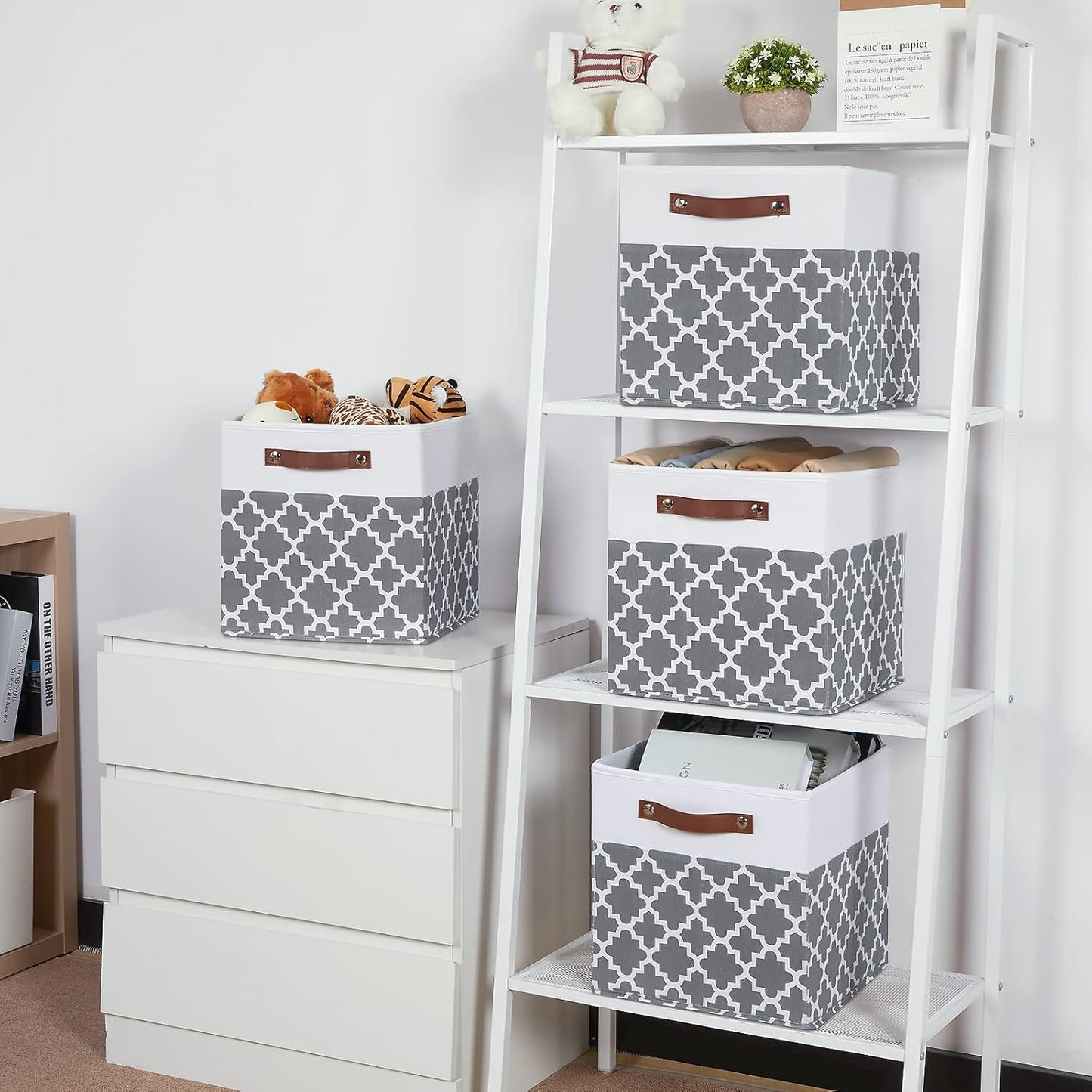 Temary 12x12x12 Fabric Storage Bins 4 Pack with Leather Handle, Foldable Cubes Storage Box Baskets