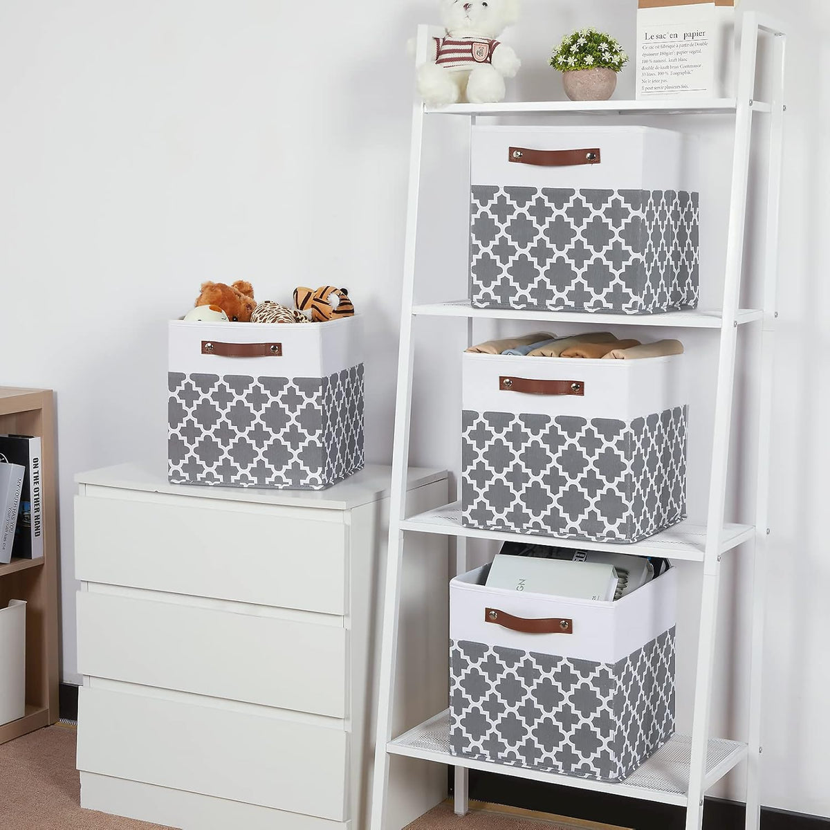 Temary 12x12x12 Fabric Storage Bins 4 Pack with Leather Handle, Foldable Cubes Storage Box Baskets