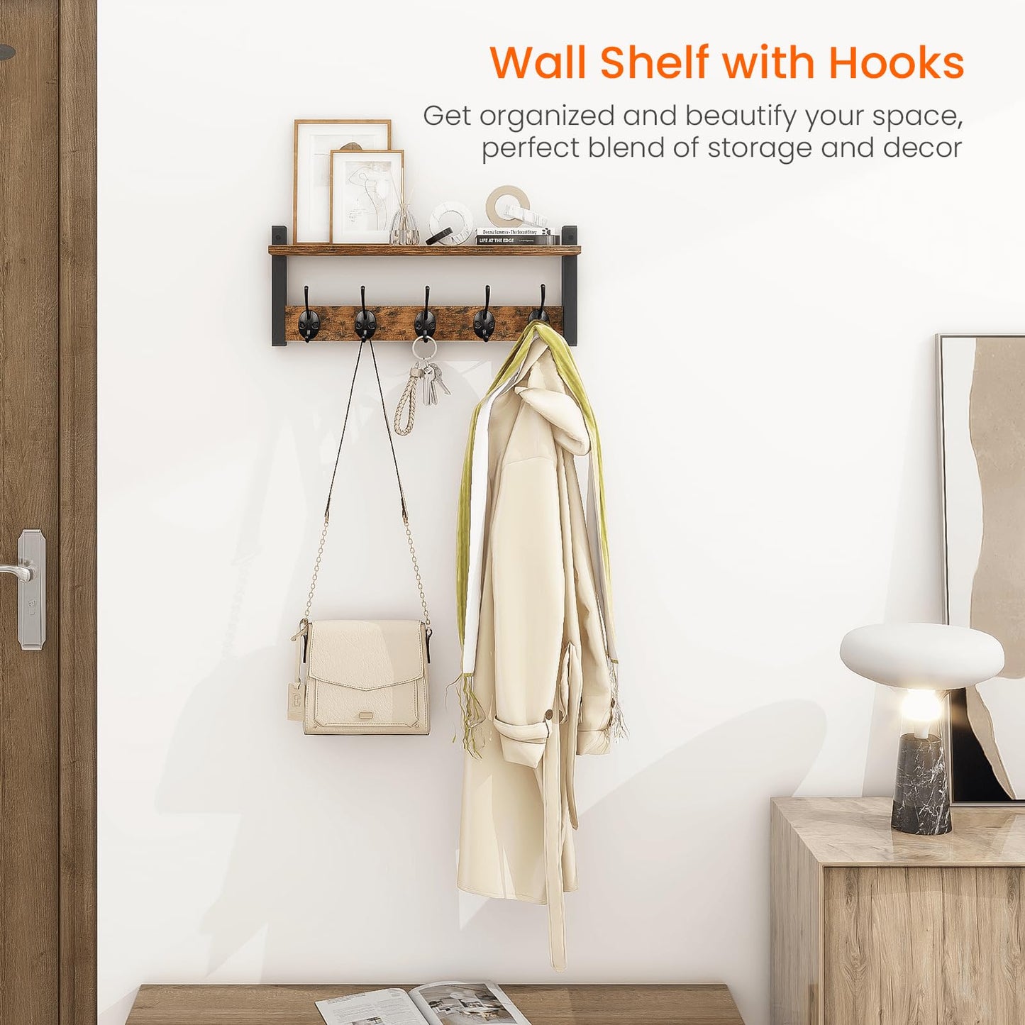 Homode Wall Hooks with Shelf, Wood Coat Rack with Shelf Wall-Mounted, Entryway Hanging Shelves with
