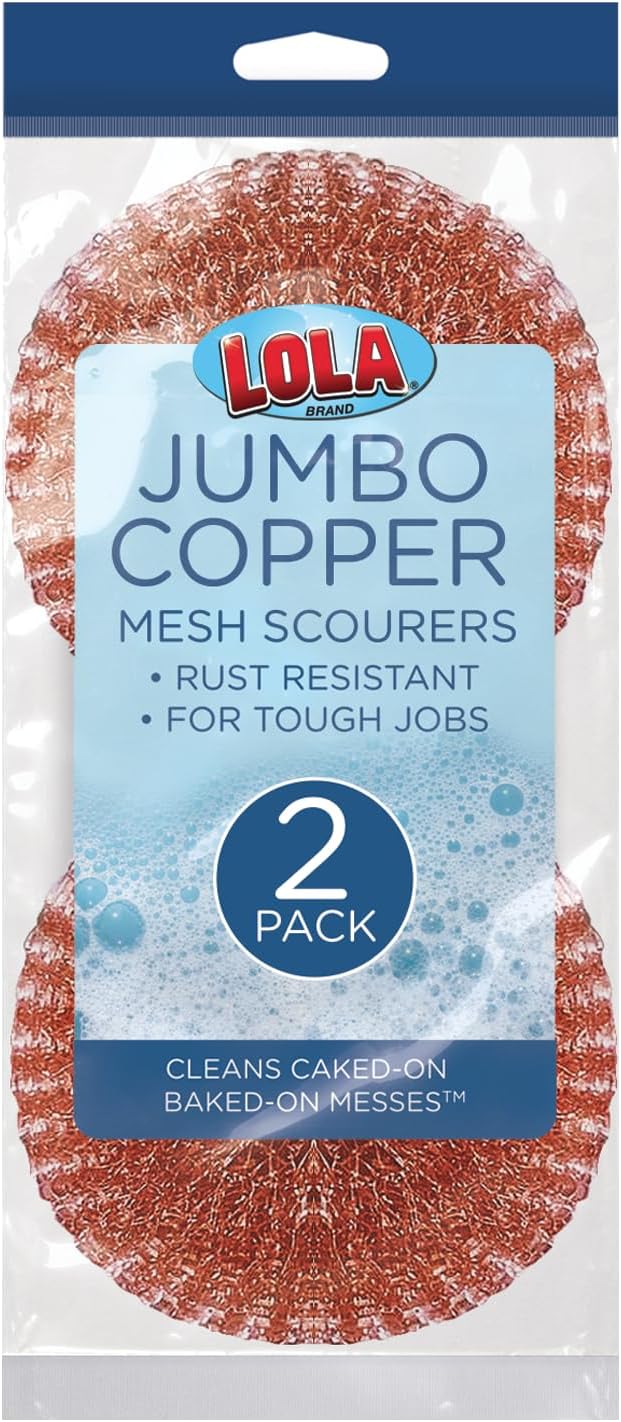Copper Mesh Scouring Pad by LOLA, 2 Pack, 45 Grams, 4" Heavy Duty Cleaning Pads, Copper Coated