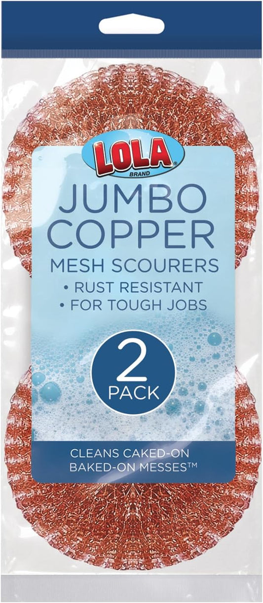 Copper Mesh Scouring Pad by LOLA, 2 Pack, 45 Grams, 4" Heavy Duty Cleaning Pads, Copper Coated