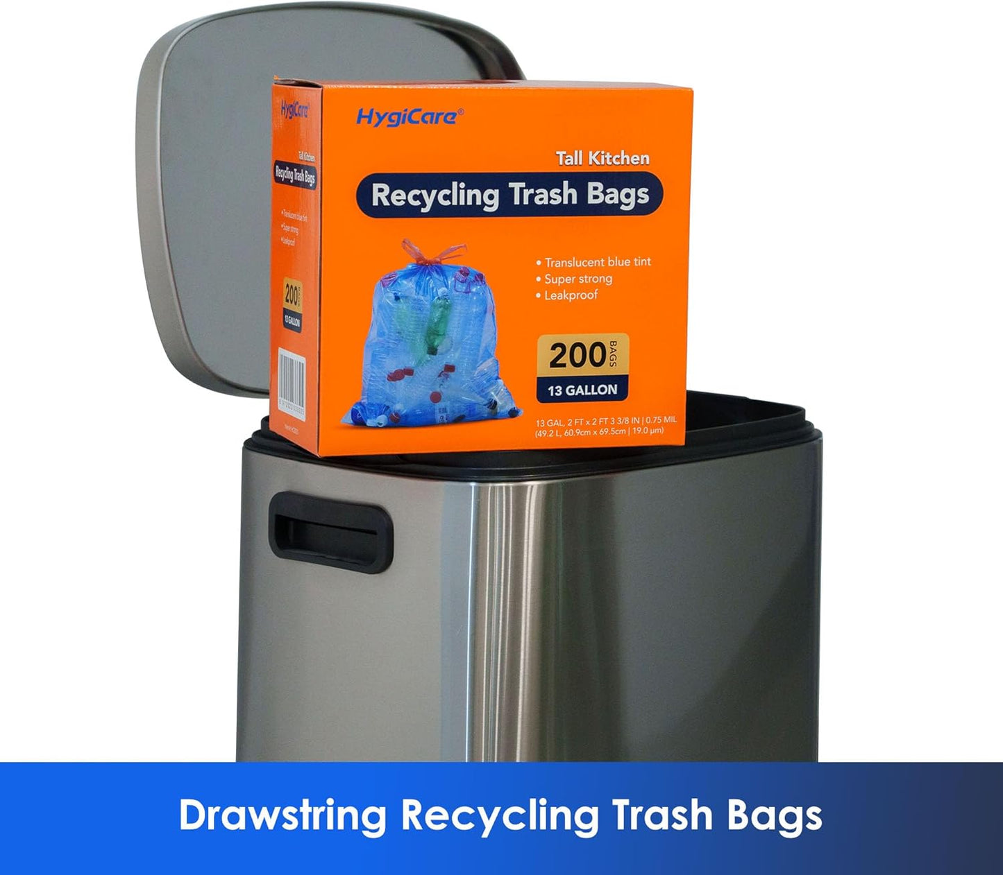 13 Gallon Recycling Trash Bags, Unscented 200 Count Drawstring Tall Kitchen Garbage Bags