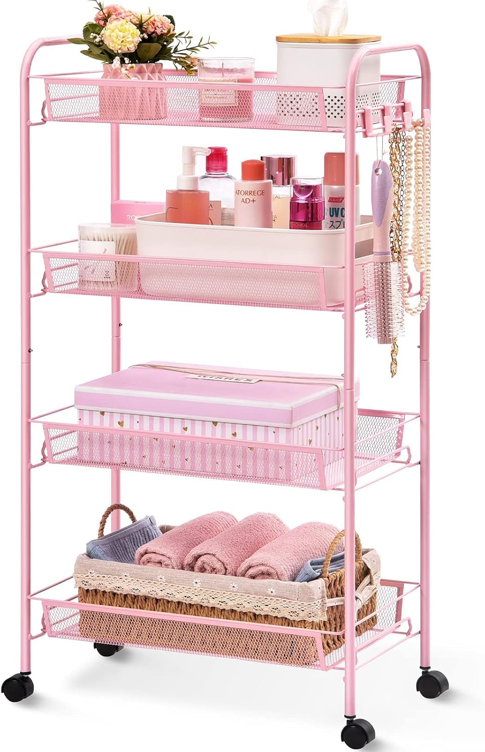 TOOLF 4 Tier Rolling Utility Cart - Durable Metal Design Pink Utility Cart, Storage Trolley on