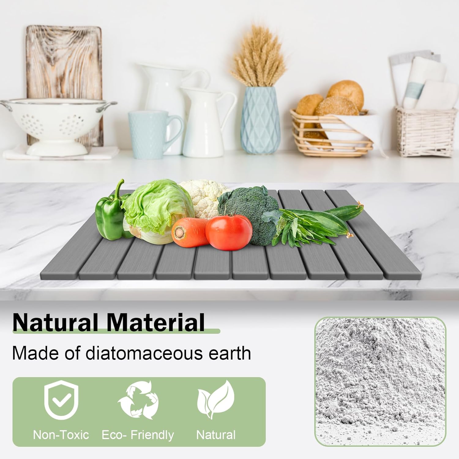 Stone Dish Drying Mat for Kitchen Counter,24"(L)×16"(W) Collapsible Fast-Drying Diatomaceous Earth