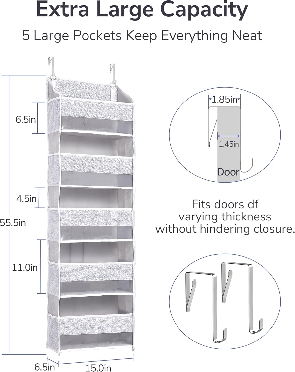 ULG 1 Pack Over Door Organizer with 5 Large Pockets 10 Mesh Side Pockets, Upgraded Linen Texture