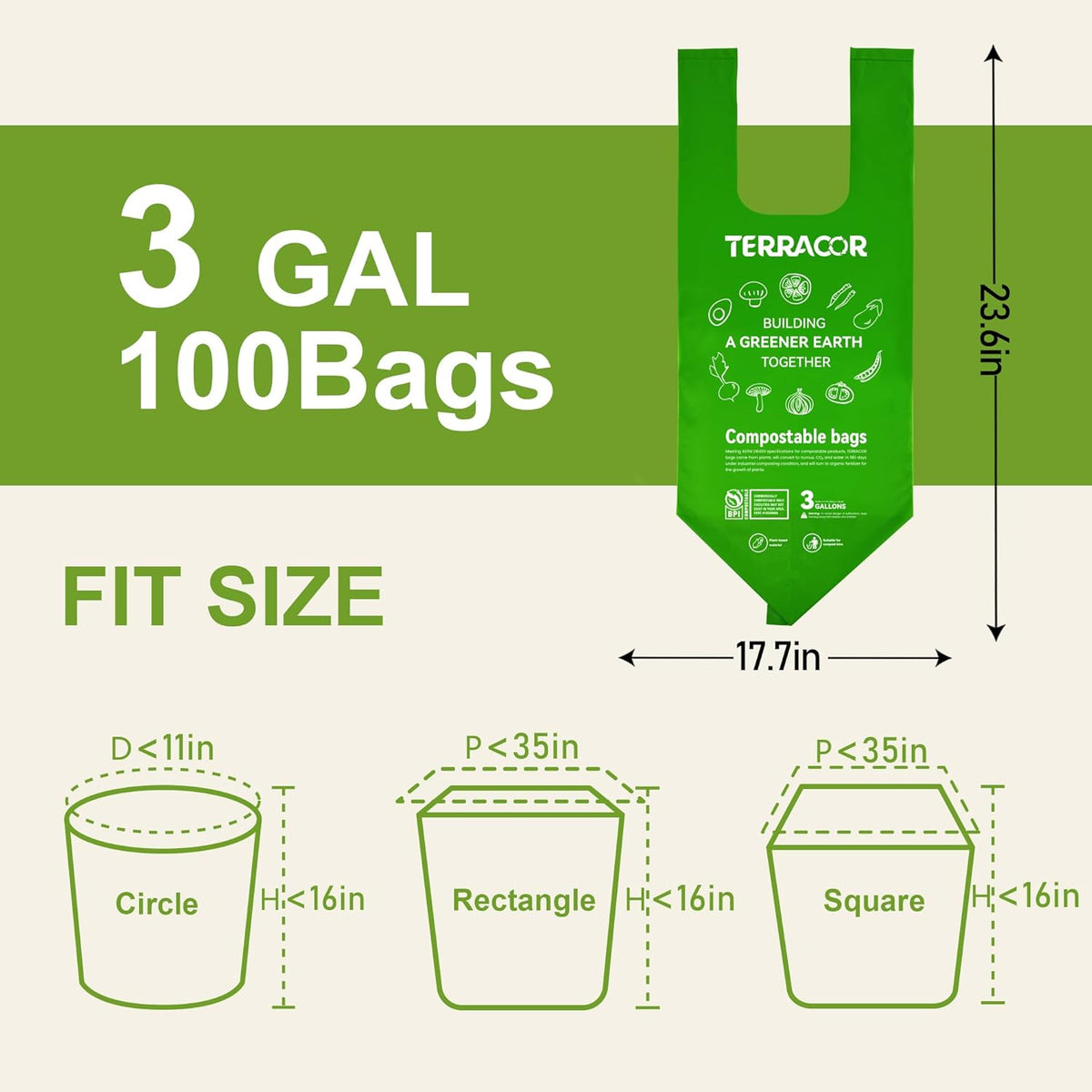 Compost Bags, Handle Tie Food Scrap Bags 3 Gallon,100 Count,Certified by BPI and ASTM D6400