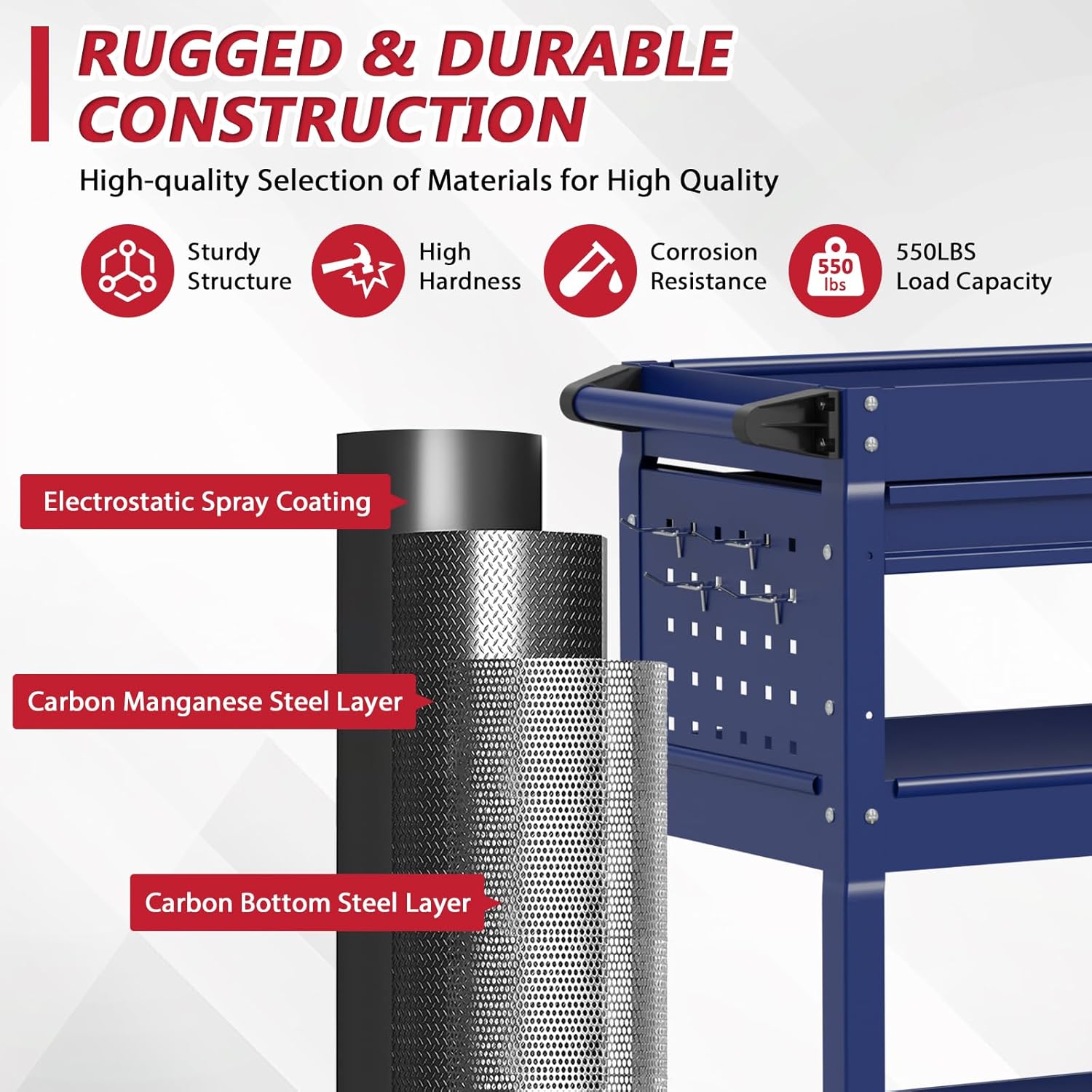 3 Tier Rolling Tool Cart on Wheels, Heavy Duty Service Cart Industrial Utility Cart with Drawer and