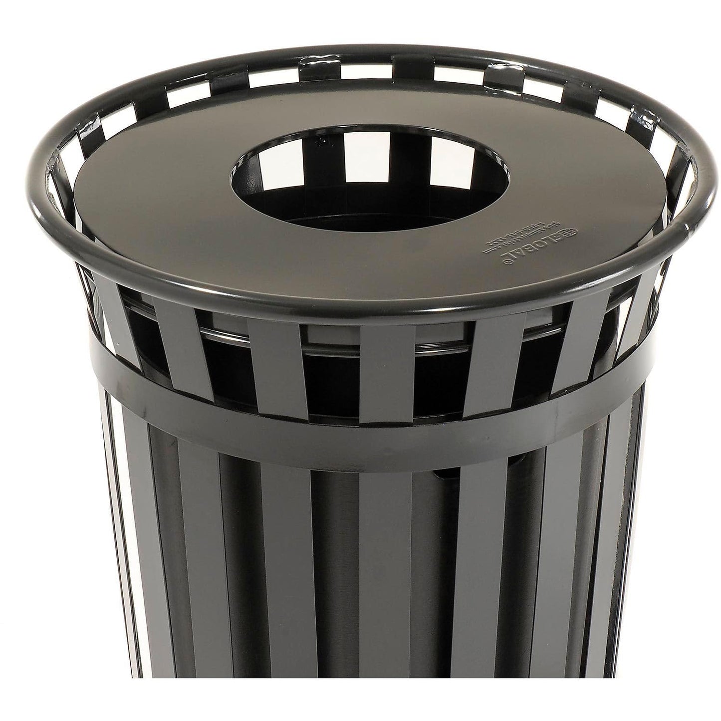 Global Industrial 36 Gallon Outdoor Slatted Steel Round Trash Can with Flat Lid, Plastic Liner &