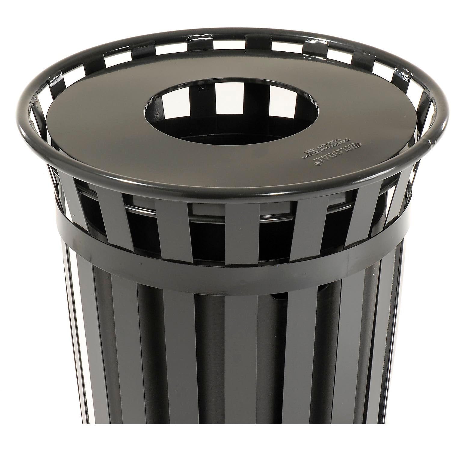 Global Industrial 36 Gallon Outdoor Slatted Steel Round Trash Can with Flat Lid, Plastic Liner &