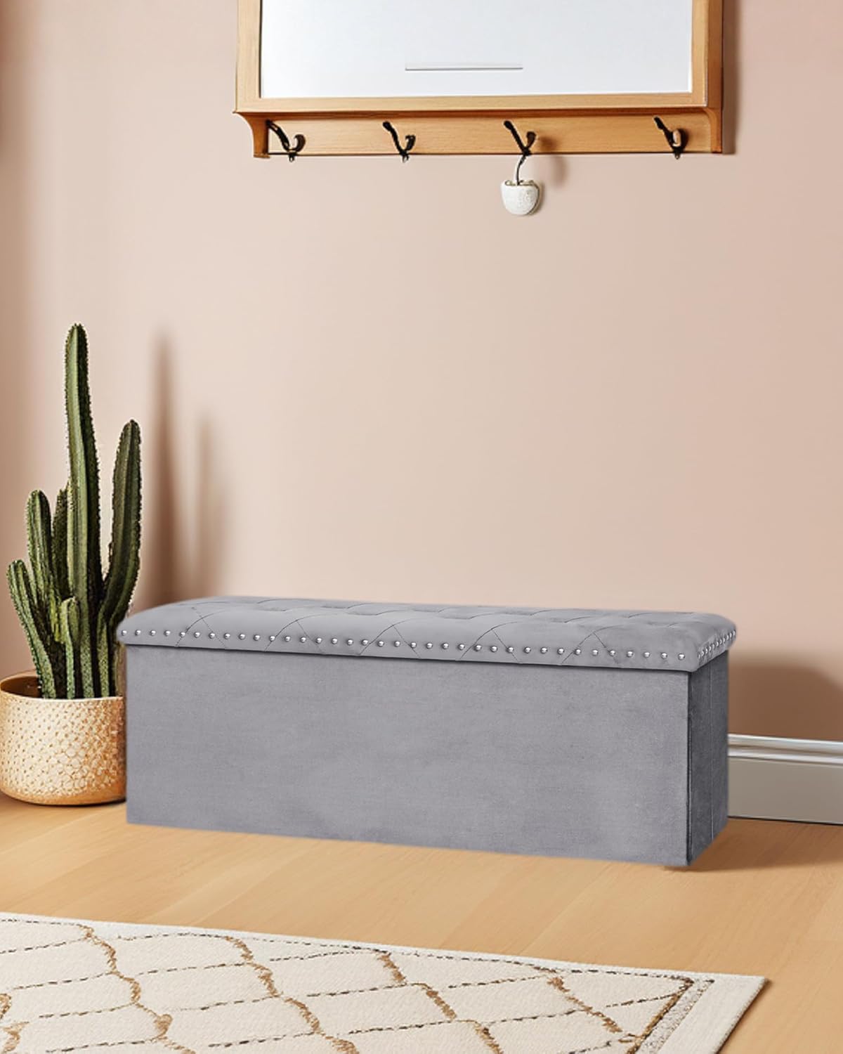 Velvet Storage Ottoman Bench, 43.3" Folding Ottoman with Rivet Trim, Heavy-Duty Upholstered
