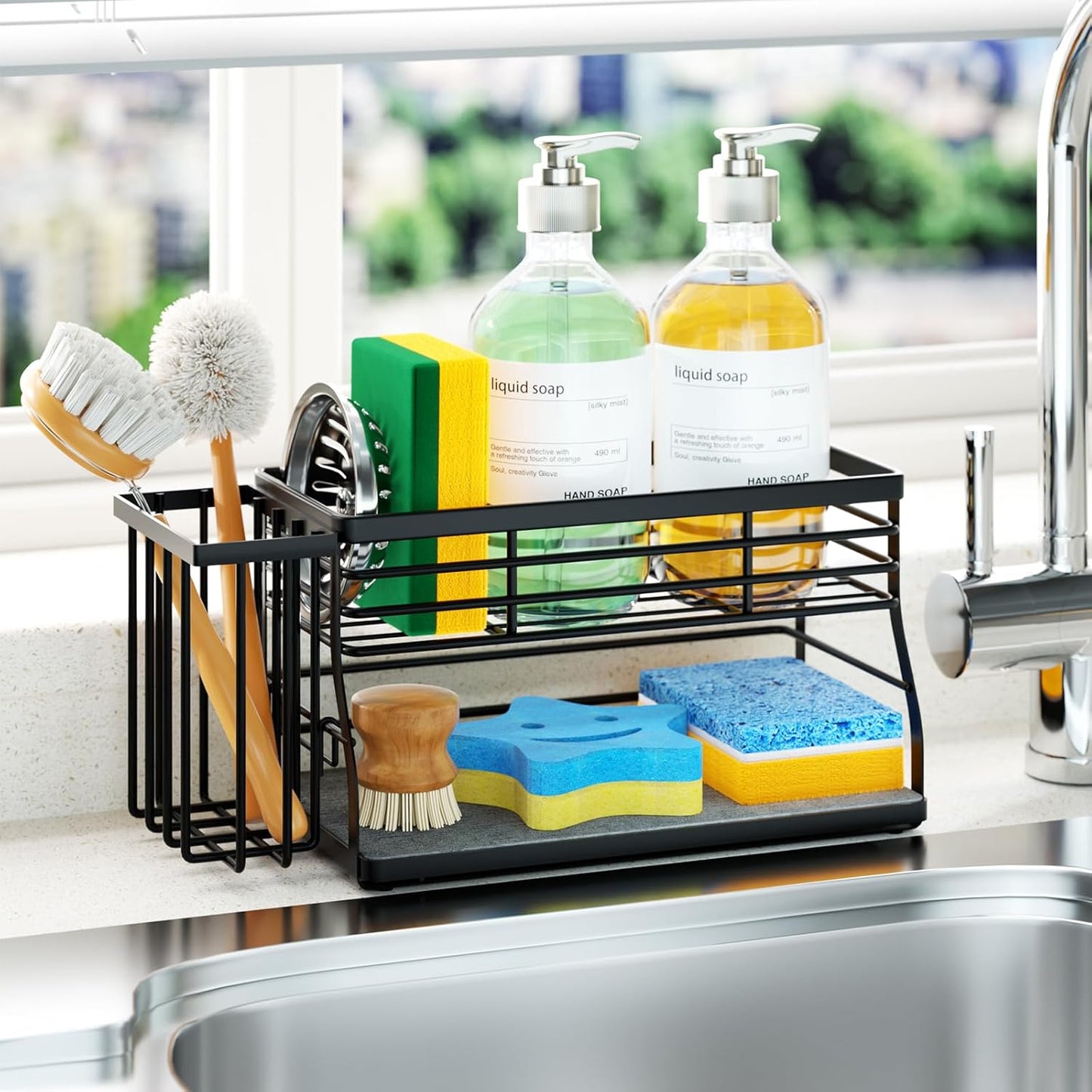 SWTYMIKI Sponge Holder for Kitchen Sink - 2 Tier Rustproof Sink Caddy with Instant Drying Stone