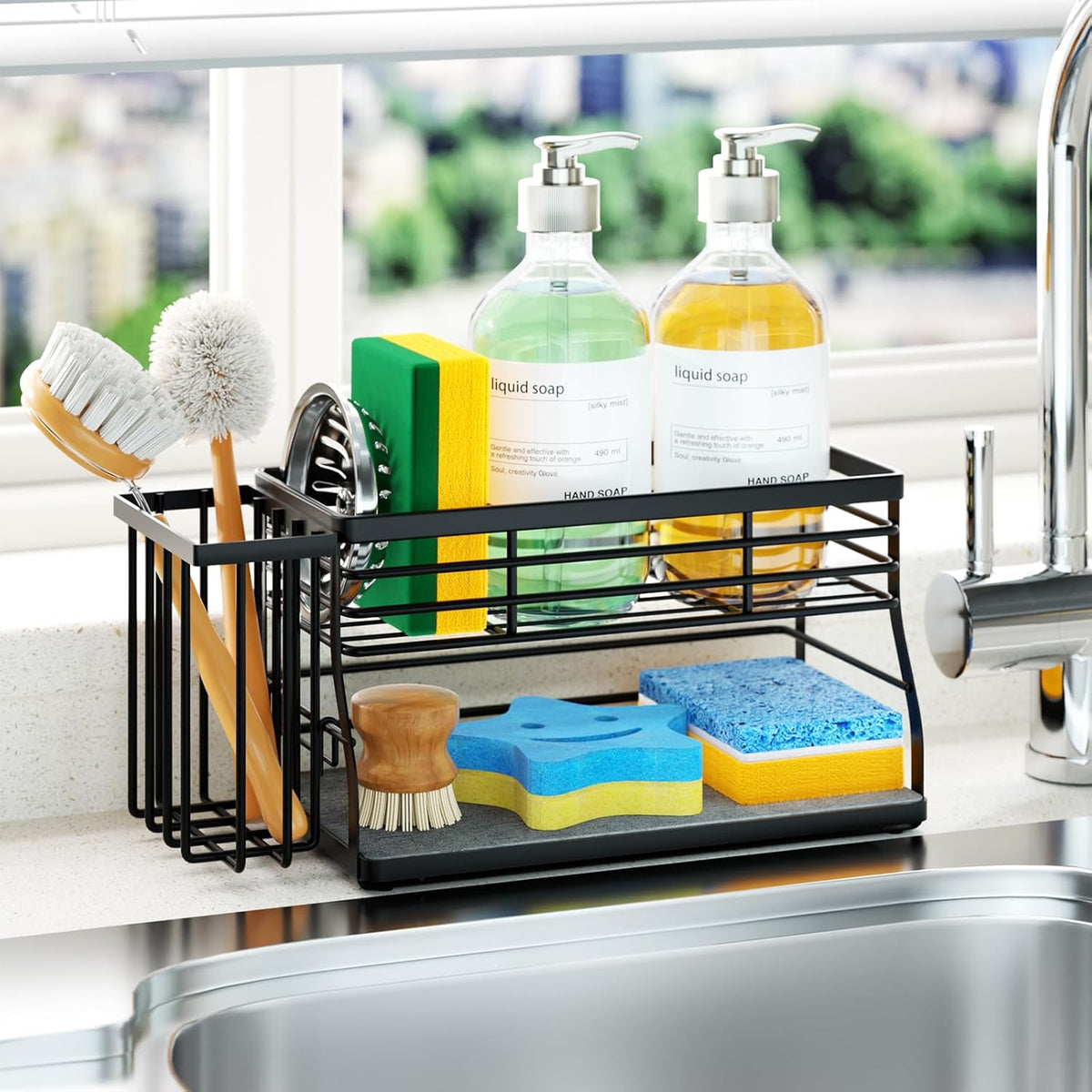 SWTYMIKI Sponge Holder for Kitchen Sink - 2 Tier Rustproof Sink Caddy with Instant Drying Stone