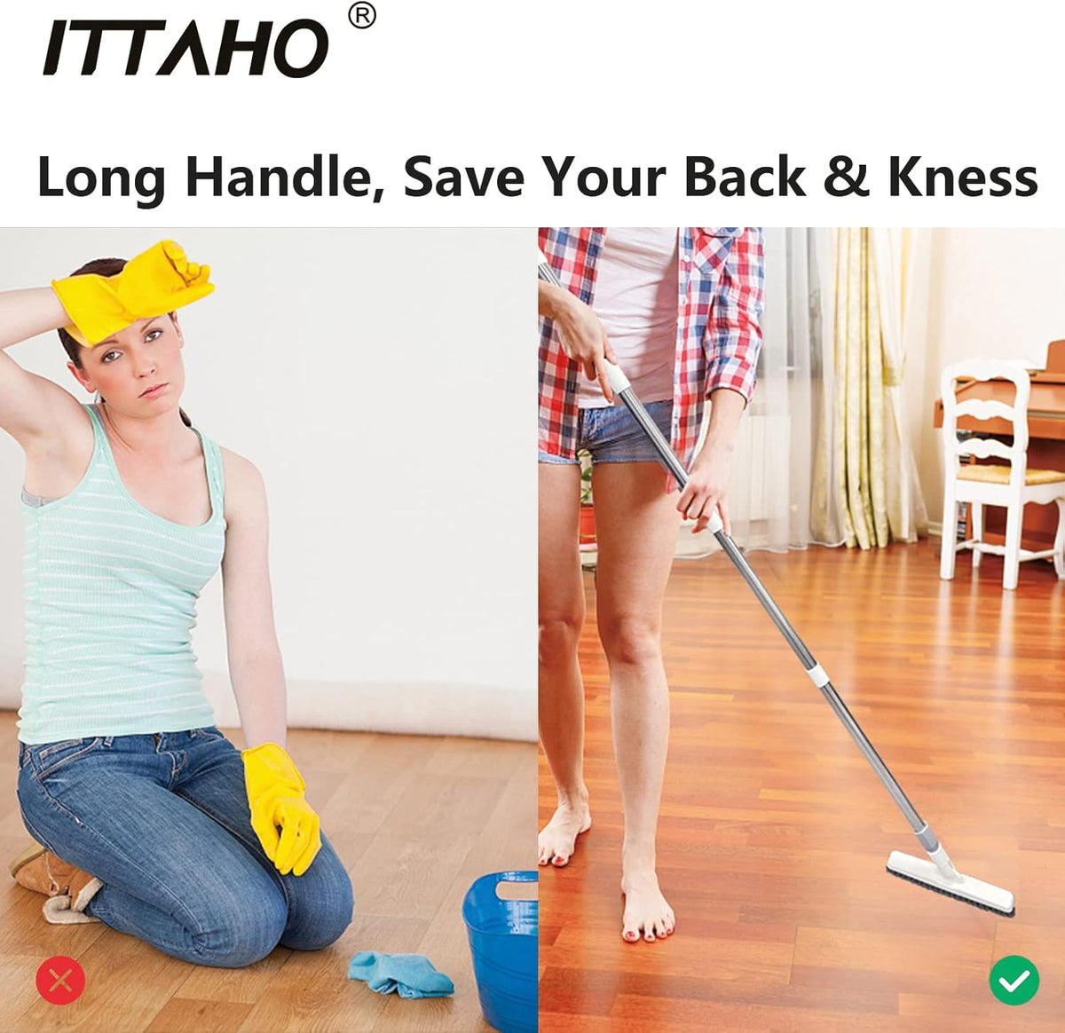 ITTAHO 2 Pack Grout Cleaning Brush with Long Handle, Swivel V-Shape Grout Scrub Brush, Extendable