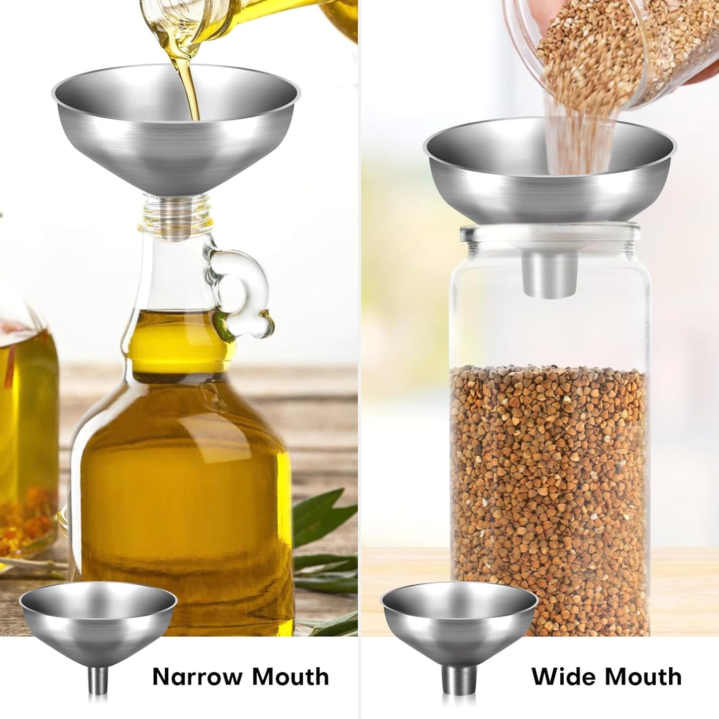 Stainless Steel Metal Funnel Set of 2, Kitchen Filling Funnel (0.5-inch Narrow Mouth) and (1-inch