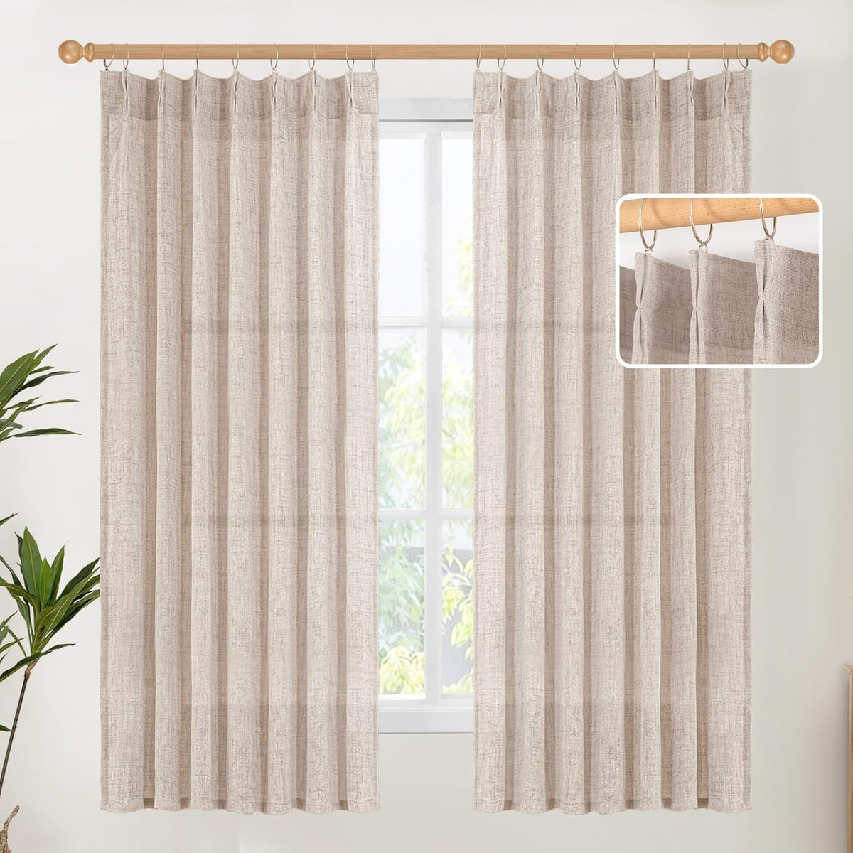 YoungsTex Natural Linen Curtains 63 Inch Length 2 Panels - Light Filtering Semi Sheer Window Drapes