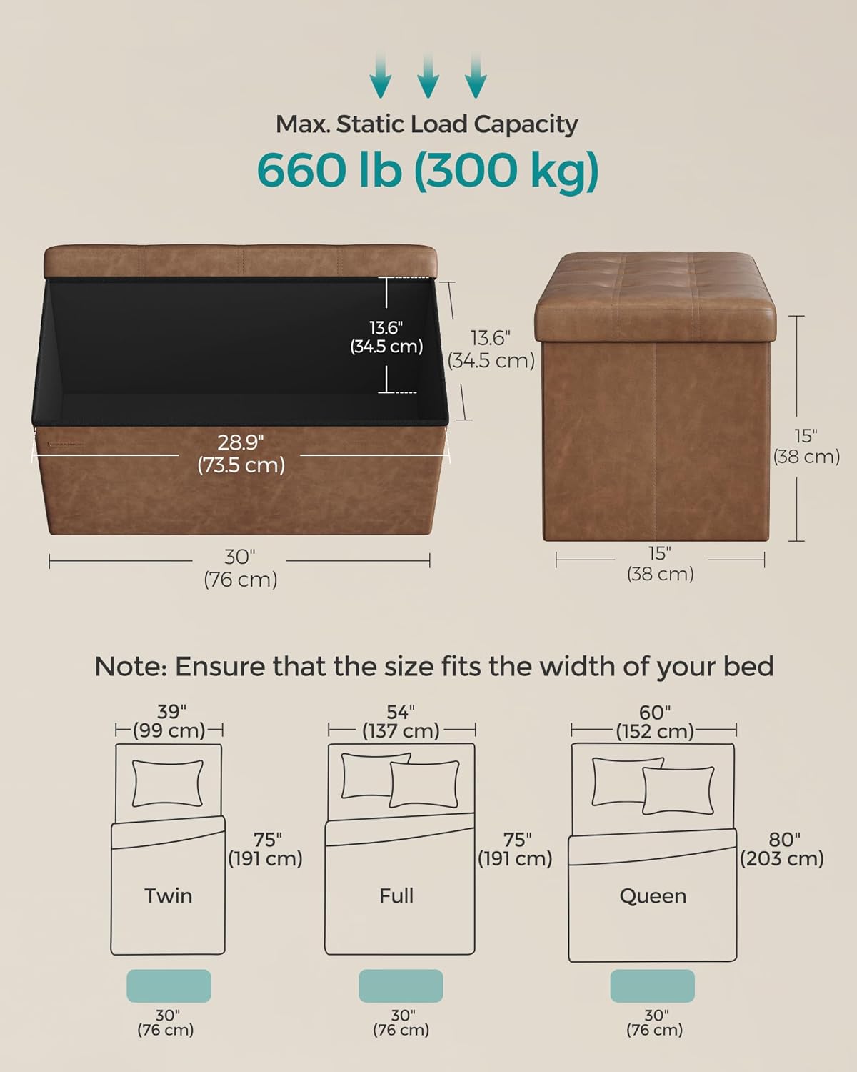 SONGMICS Mazie Collection - 30 Inches Folding Storage Ottoman Bench, Ottoman with Storage, Foot