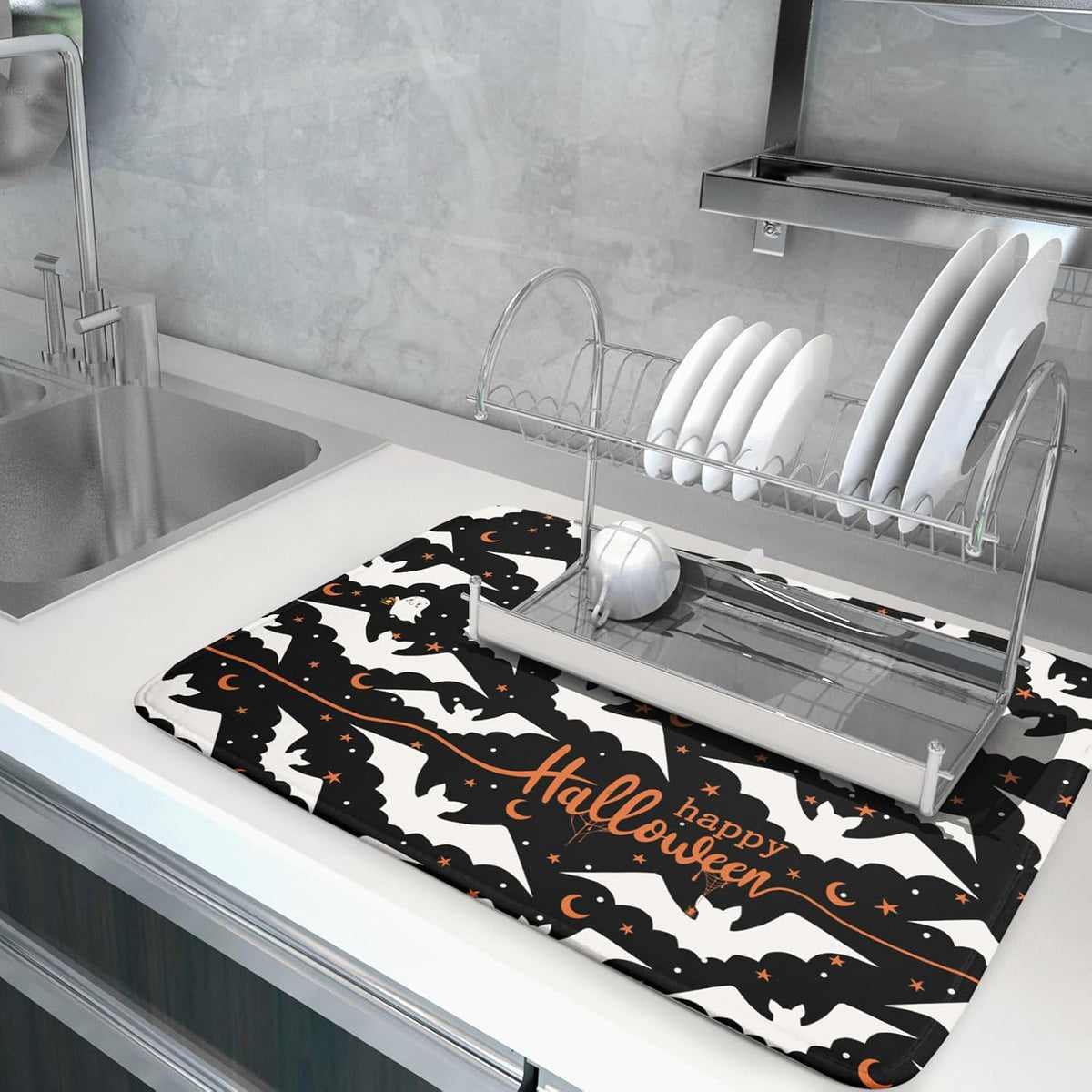 Halloween Drying Mats for Kitchen Counter 18”x24” Happy Halloween Spooky Bat Dishes Pad Microfiber