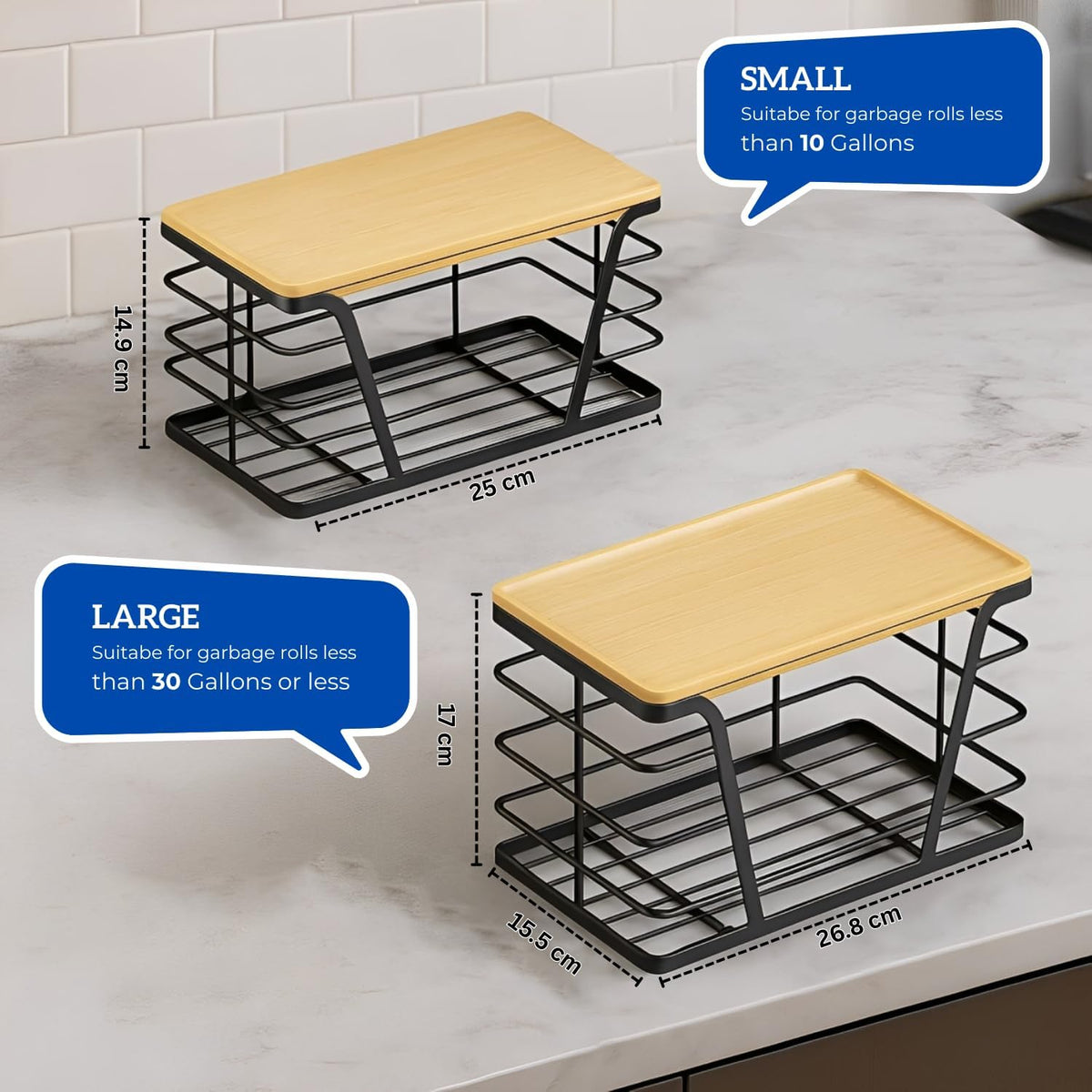 2 - Pack Trash Bag Dispenser with Bamboo Top, Stackable Garbage Bag Holder, Large Capacity Trash