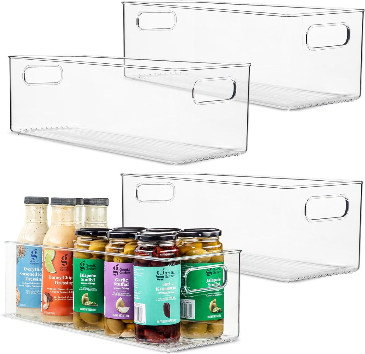 Plastic Food Storage 4 Pack Clear Container Bin with Handles for Organizing Kitchen, Pantry