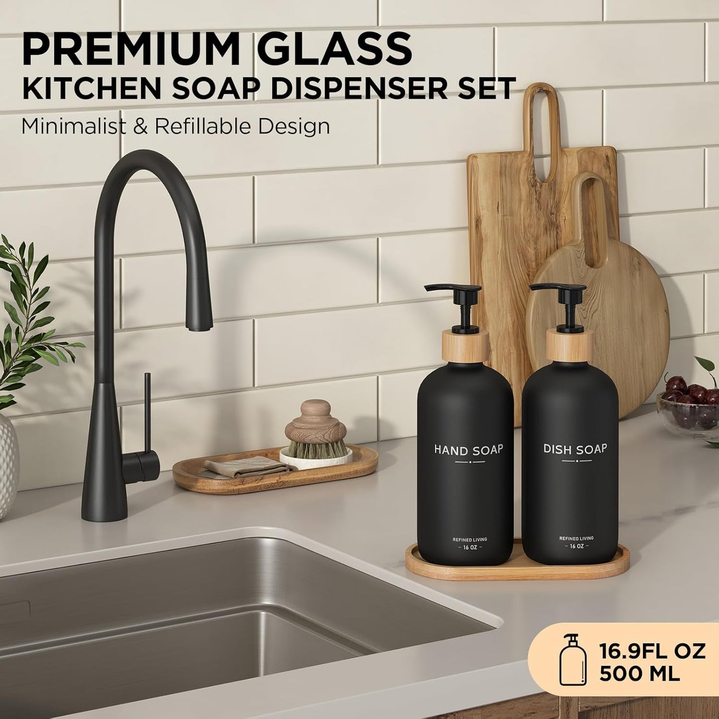 Hand and Dish Soap Dispenser Set,16oz Glass Bottles with Printed Labels, Bamboo Tray &