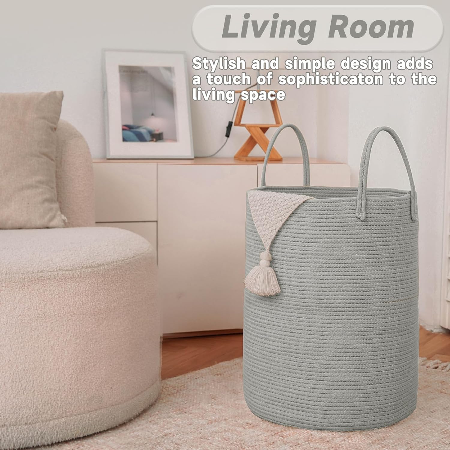 Large Woven Laundry Basket Hamper,60L Cotton Rope Storage Bin for Blankets,Toys and