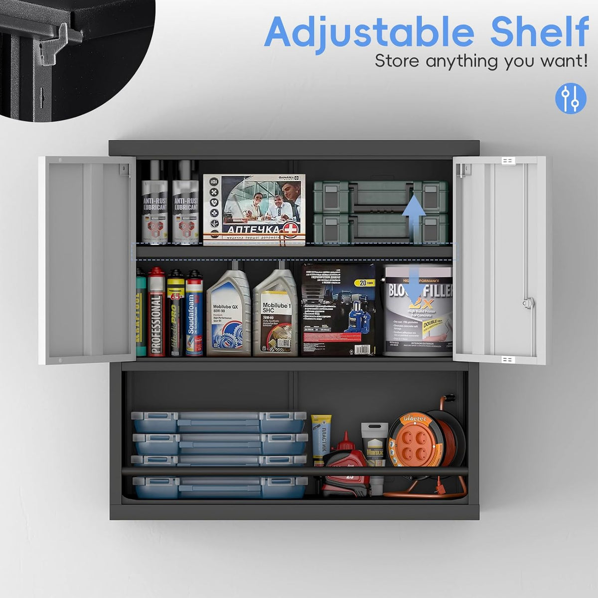 Metal Garage Cabinets, Lockable Storage Cabinet, Metal Cabinet with Open Storage, Upper Tool