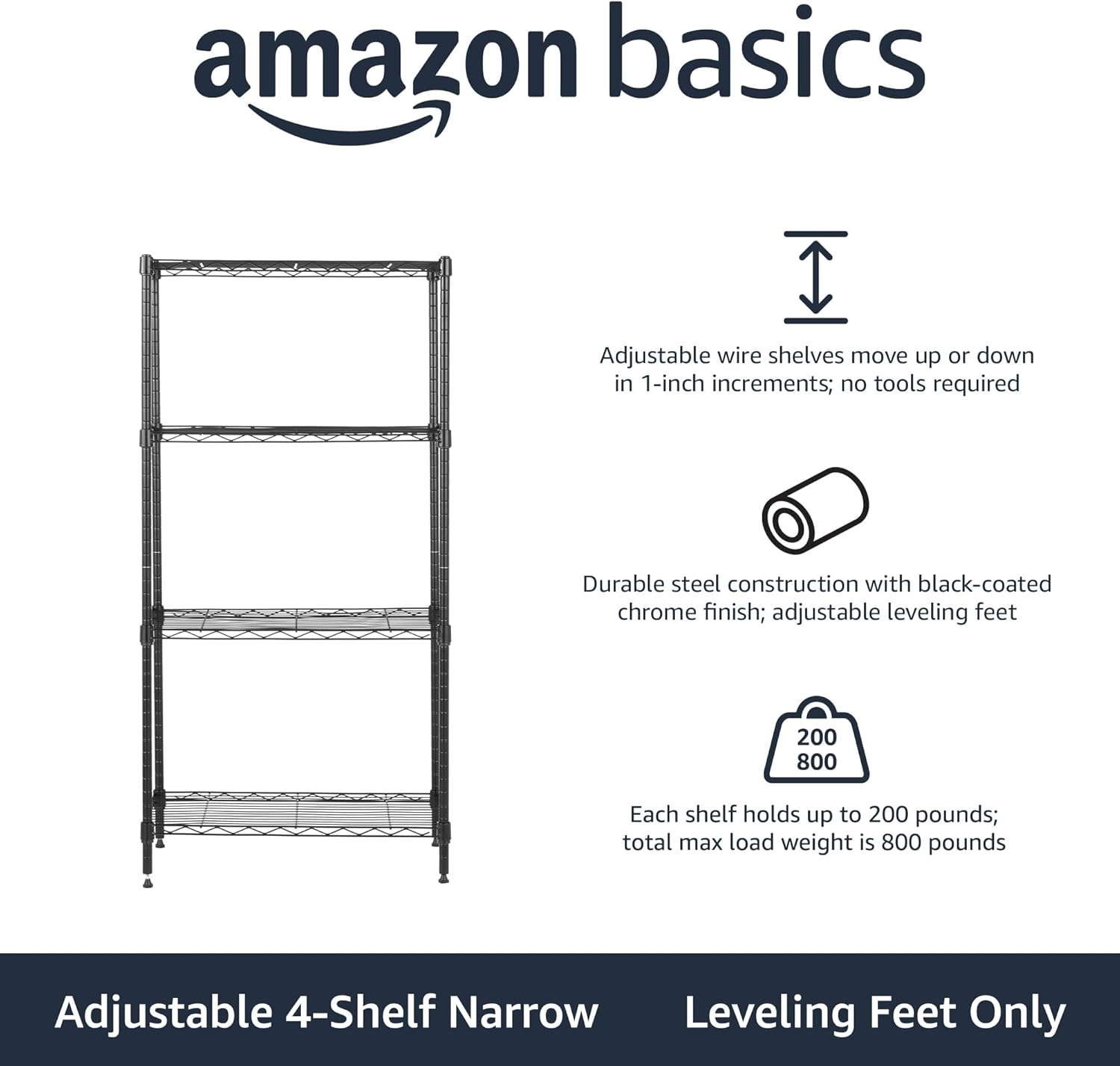 Amazon Basics 4-Shelf Steel Wire Storage Rack, Adjustable, Sturdy, Easy Assembly, 13.4 D x 23.2 W x