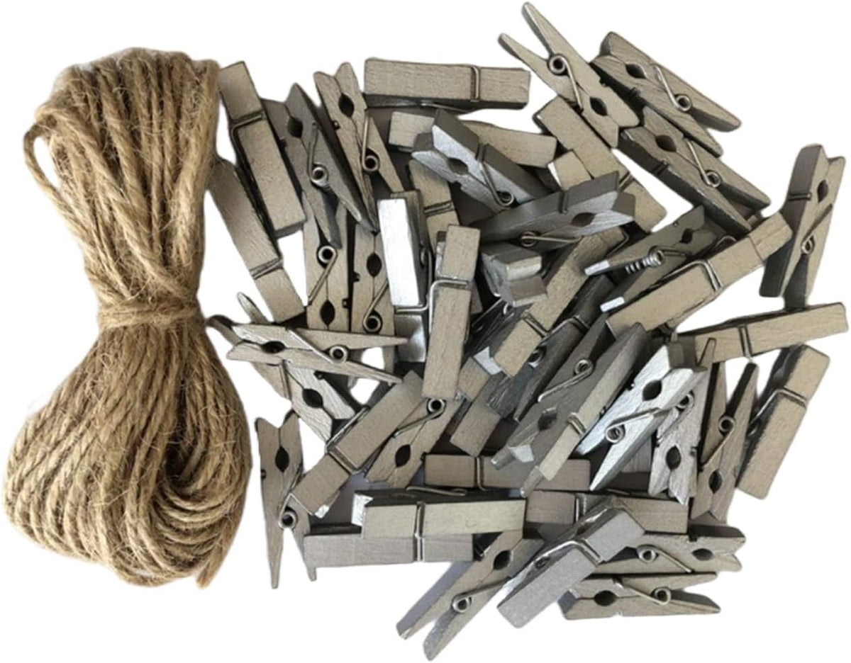 DurReus Wood Clips Strong Photos Pins Peg Home Party Decorative Accessories with Jute Twine Silver