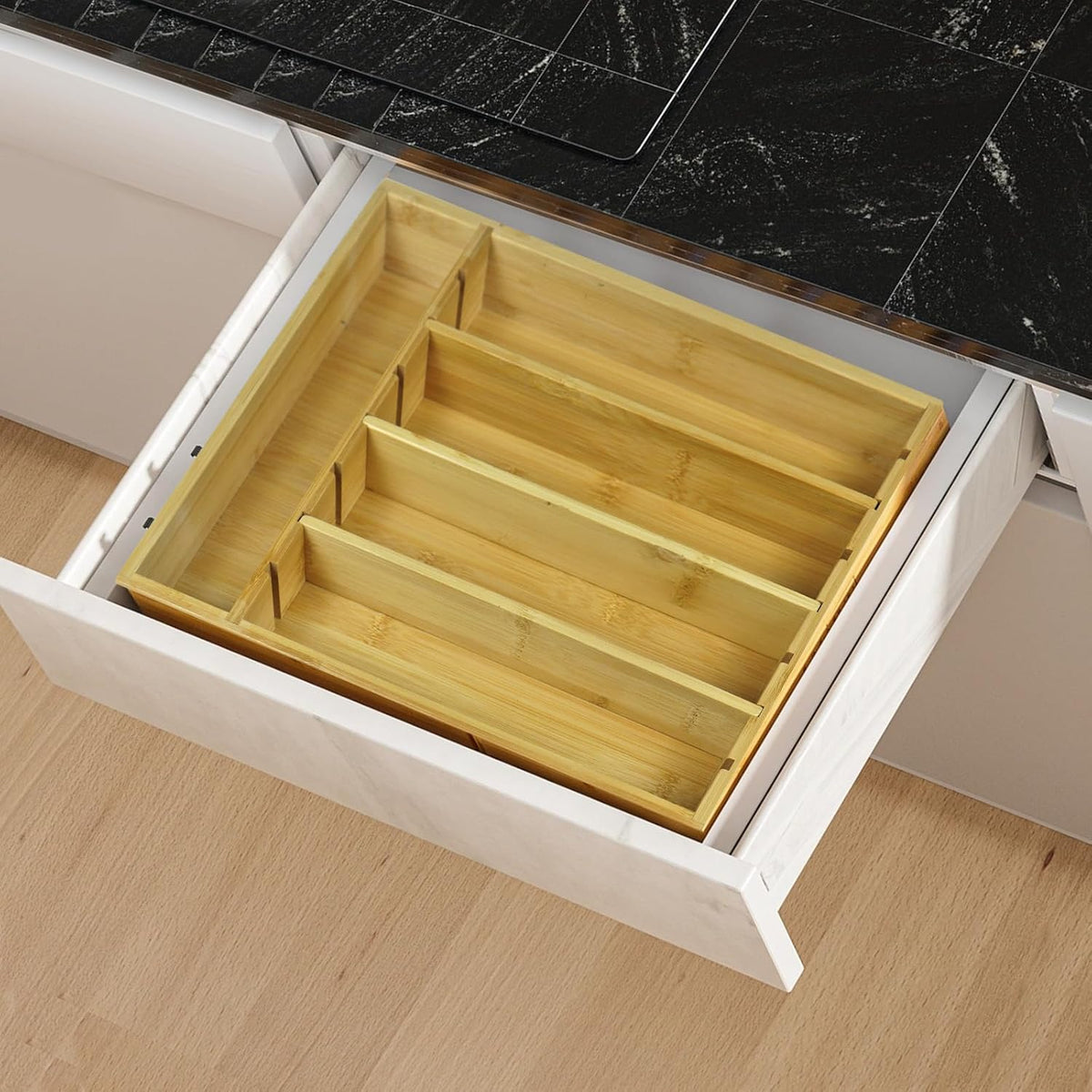 Kitchen Bamboo Drawer Organizer - 5 Slots Total Silverware Organizer for Flatware, Cutlery &