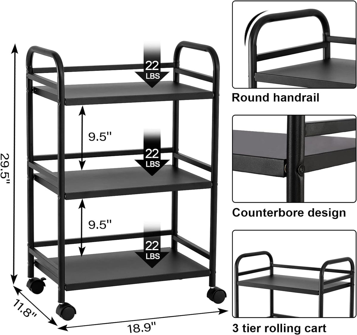 HDANI 3 Tier Rolling Cart Shelves,Heavy Duty Multifunctional Metal Frame-Supports 22 Lbs Per