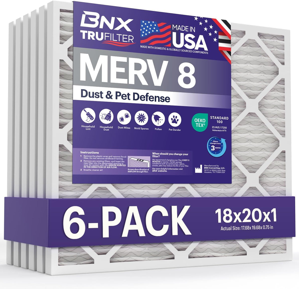 BNX TruFilter 18x20x1 Air Filter MERV 8 (6-Pack) - MADE IN USA – Dust & Pet Defense Electrostatic
