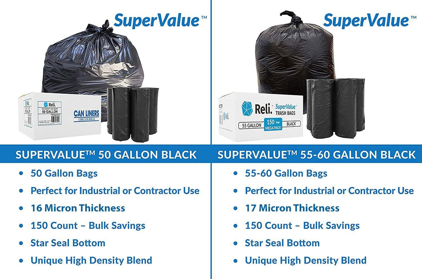 Reli. Premium 50 Gallon Trash Bags | 150 Count | Made in USA | Heavy Duty | Bulk | SuperValue |