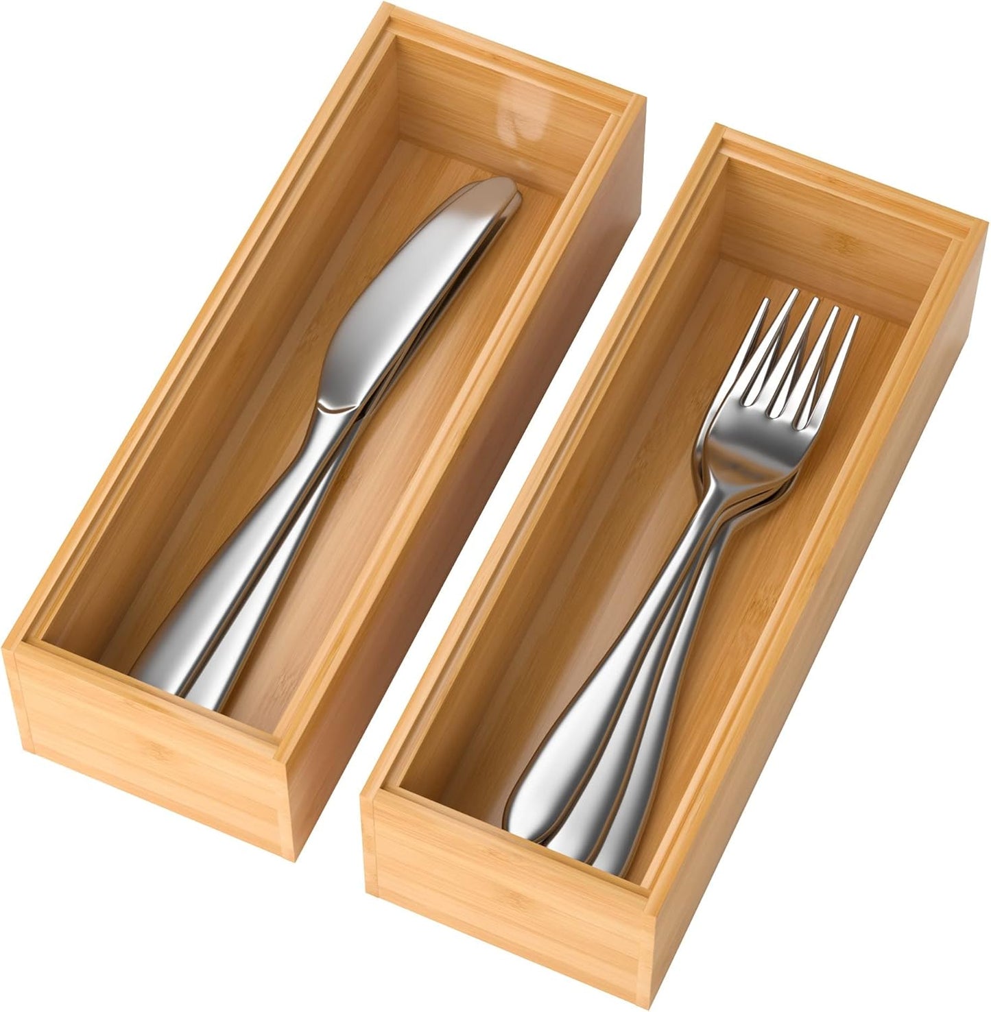 Bamboo Drawer Organizer – Set of 2 Stackable Storage Boxes, Silverware Tray & Small Gadget Holder