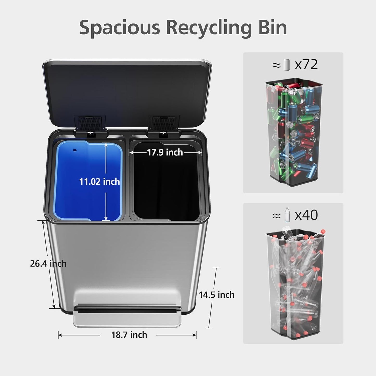 GarveeHome 60L/16 Gal Kitchen Trash Can,2×8 Gal Pedal Trash Bin with Removable Baskets,Stainless